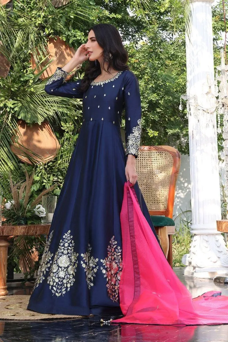 Sanas - Lorex Embroidered Lychee Silk Long Maxi - ZEENAT - M202217 - Navy Blue