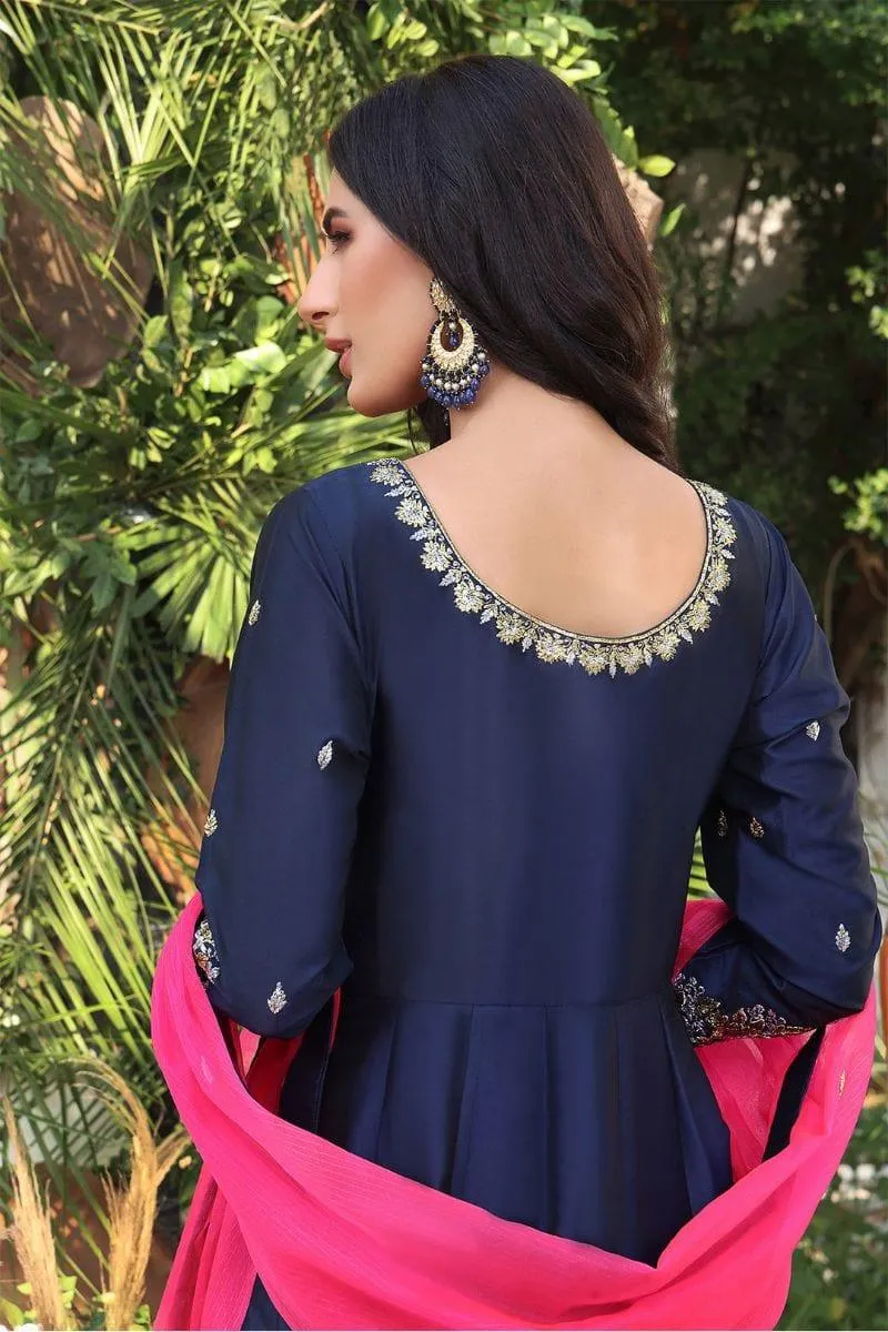 Sanas - Lorex Embroidered Lychee Silk Long Maxi - ZEENAT - M202217 - Navy Blue