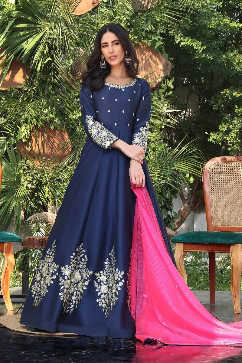 Sanas - Lorex Embroidered Lychee Silk Long Maxi - ZEENAT - M202217 - Navy Blue