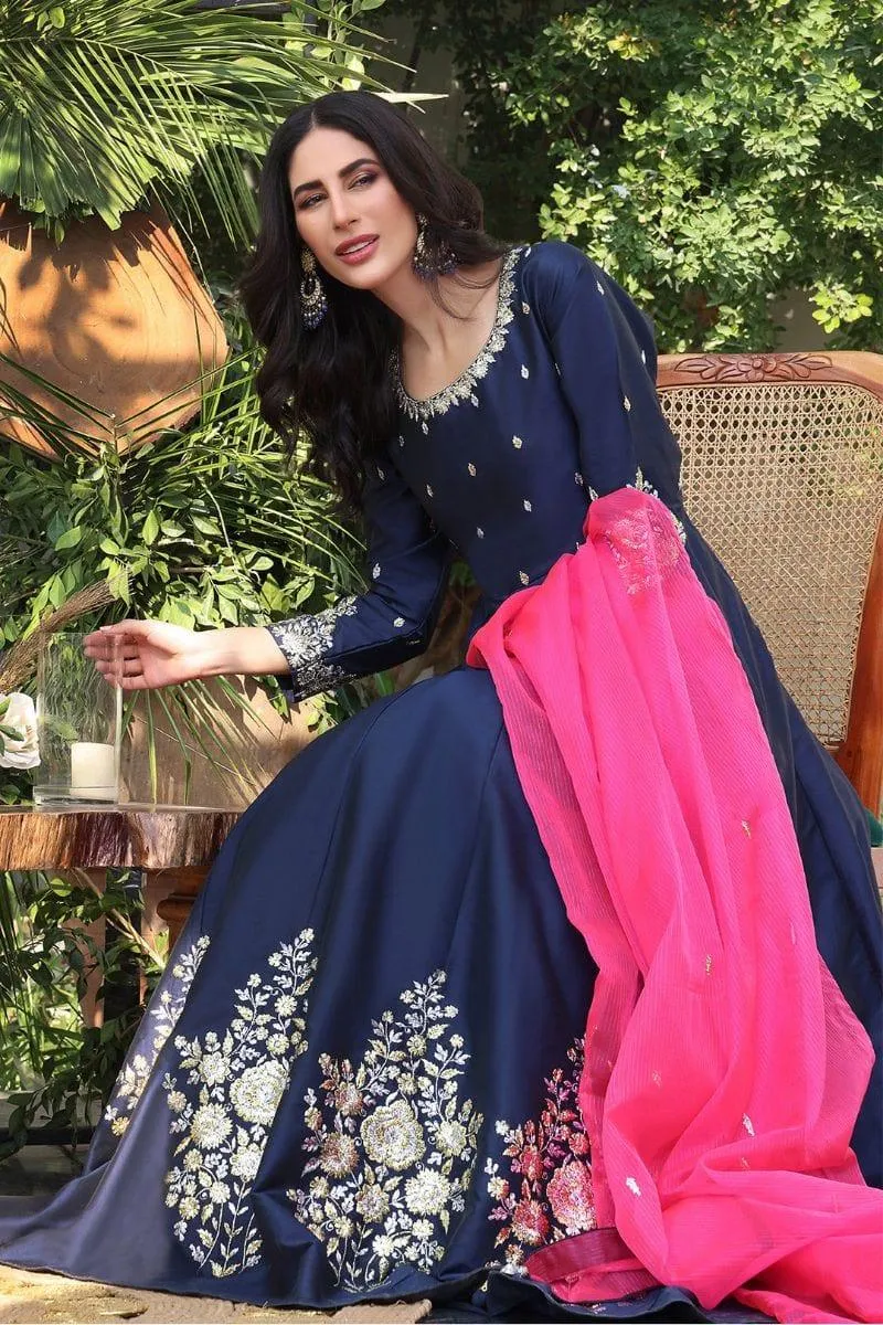 Sanas - Lorex Embroidered Lychee Silk Long Maxi - ZEENAT - M202217 - Navy Blue