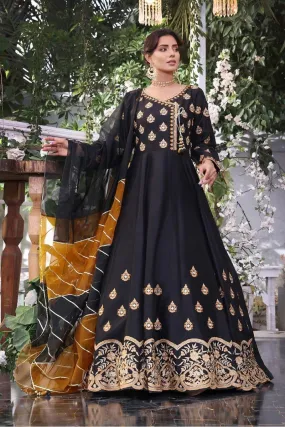 Sanas - Zari Mirror Embroidered Angharka Style Long Maxi - ZEENAT - M202226 - Black