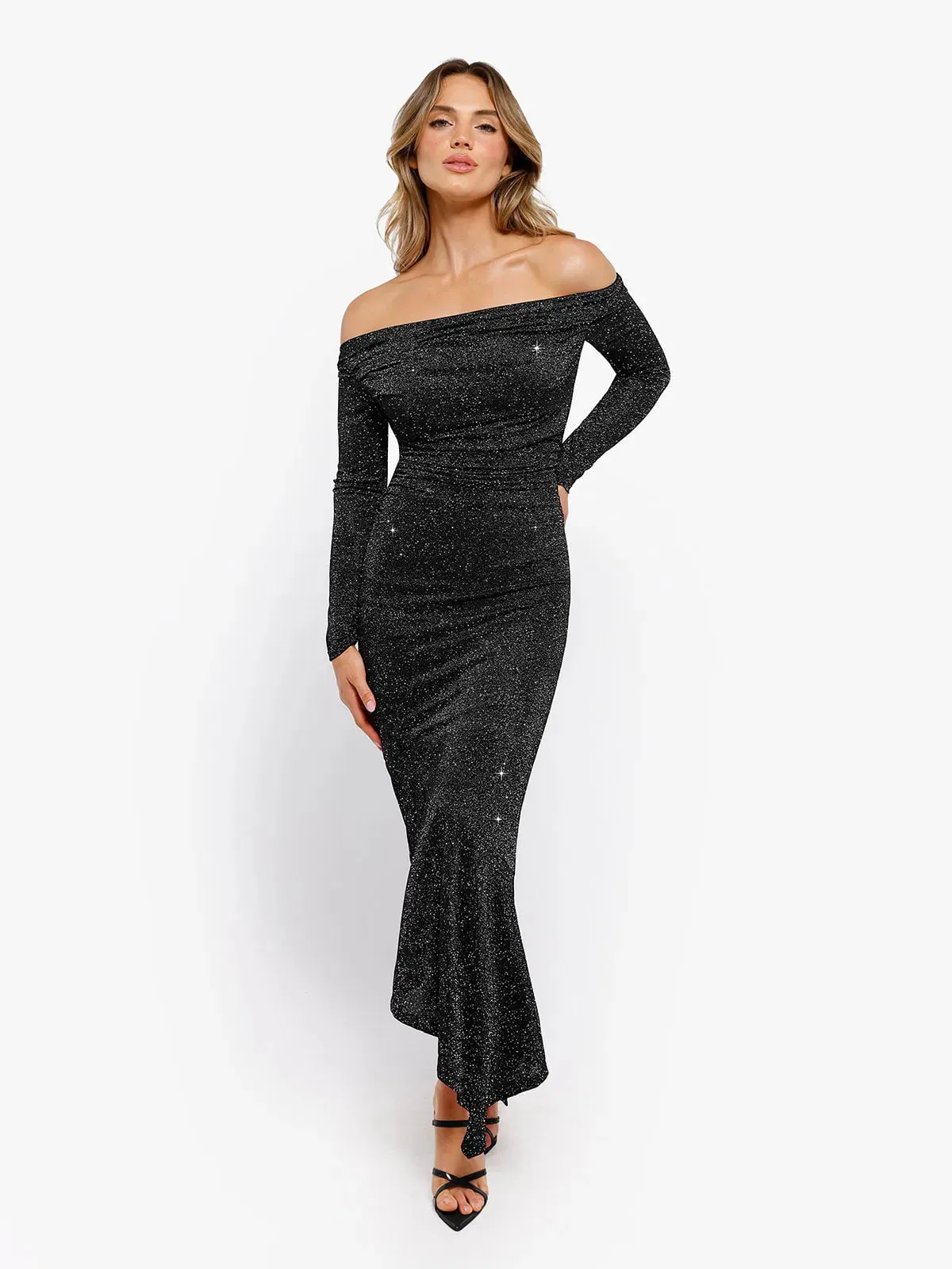 Shapewear Metallic Knit Long Sleeve Slim Mermaid Maxi Dress