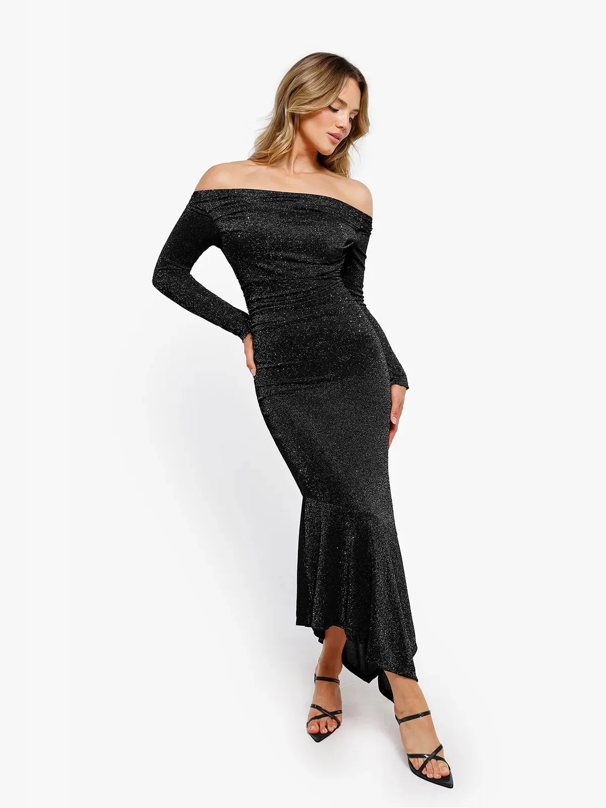 Shapewear Metallic Knit Long Sleeve Slim Mermaid Maxi Dress