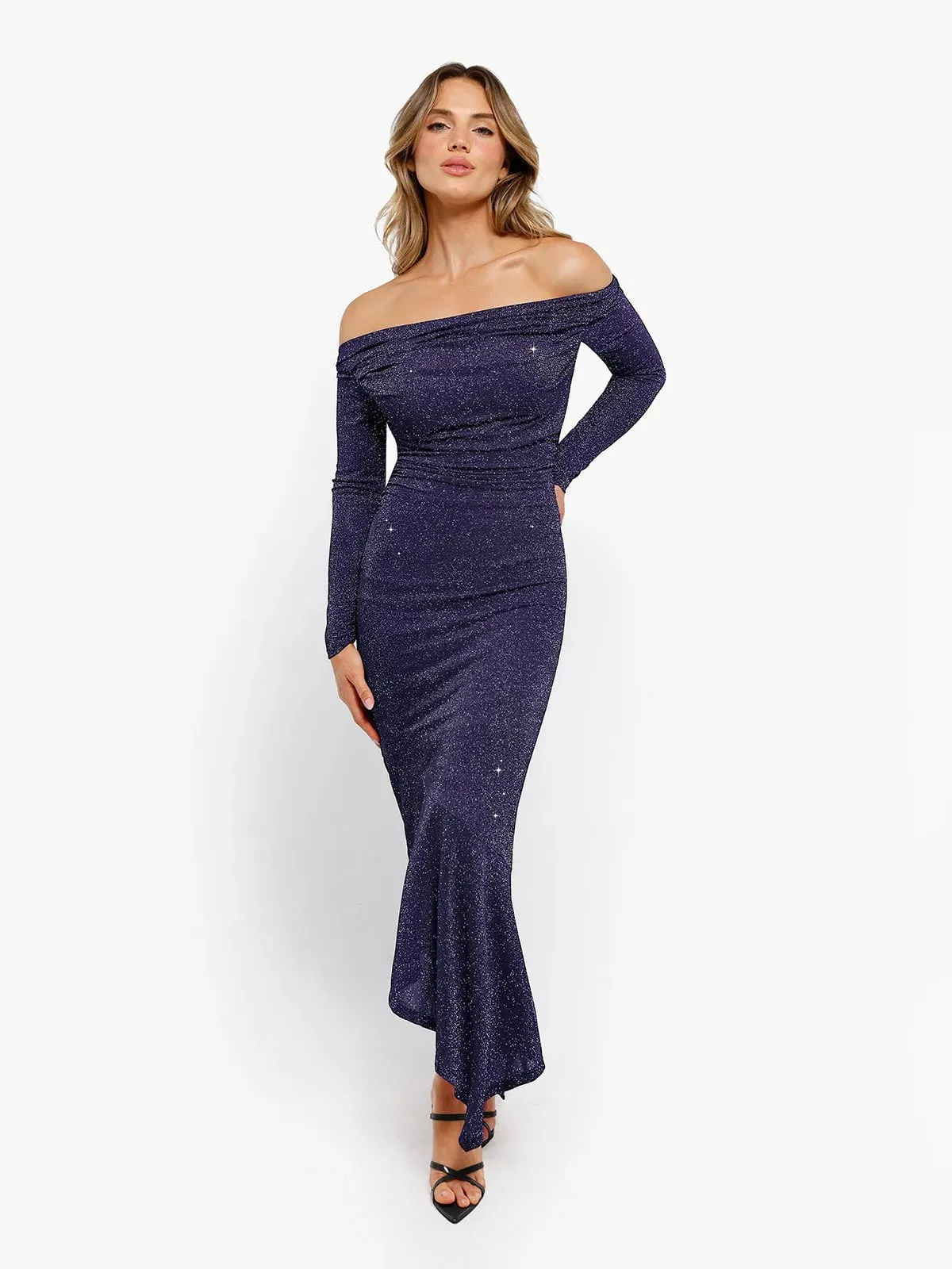 Shapewear Metallic Knit Long Sleeve Slim Mermaid Maxi Dress