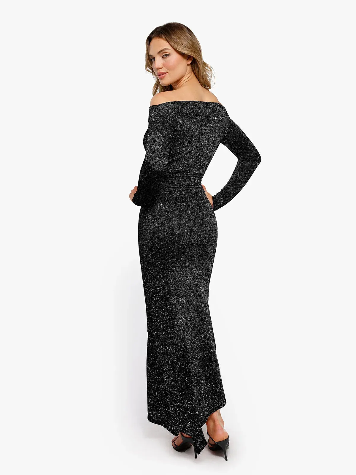 Shapewear Metallic Knit Long Sleeve Slim Mermaid Maxi Dress