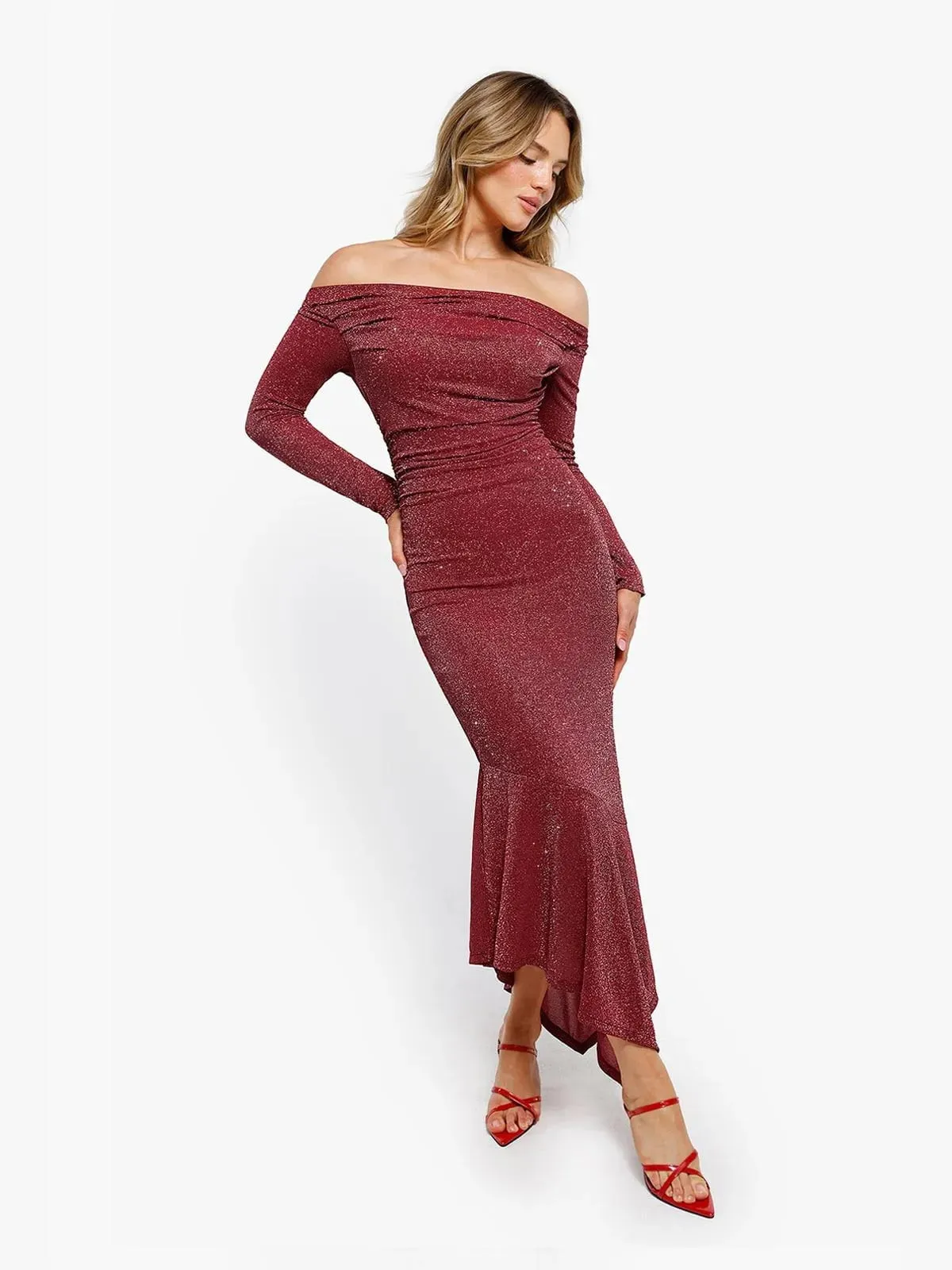 Shapewear Metallic Knit Long Sleeve Slim Mermaid Maxi Dress