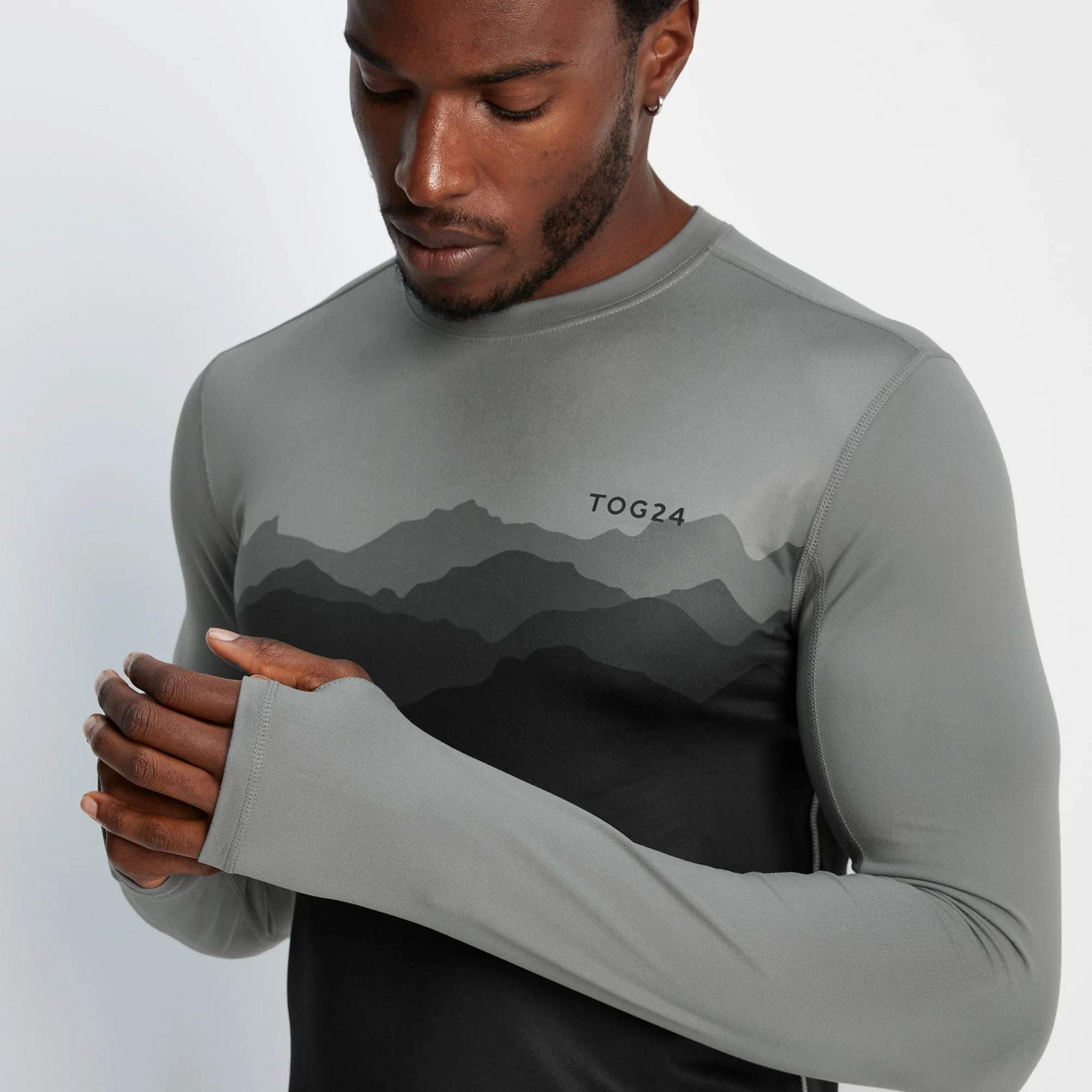 Snowdon Mens Thermal Base Layer Crew Neck - Grey Mountain Print