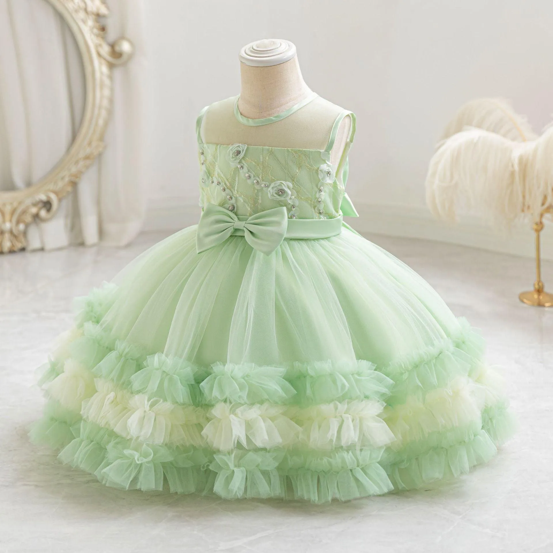 Soft Mint Princess Dress Airy Tulle Dress Elegant Pearl Flower Design for an Exquisite Look