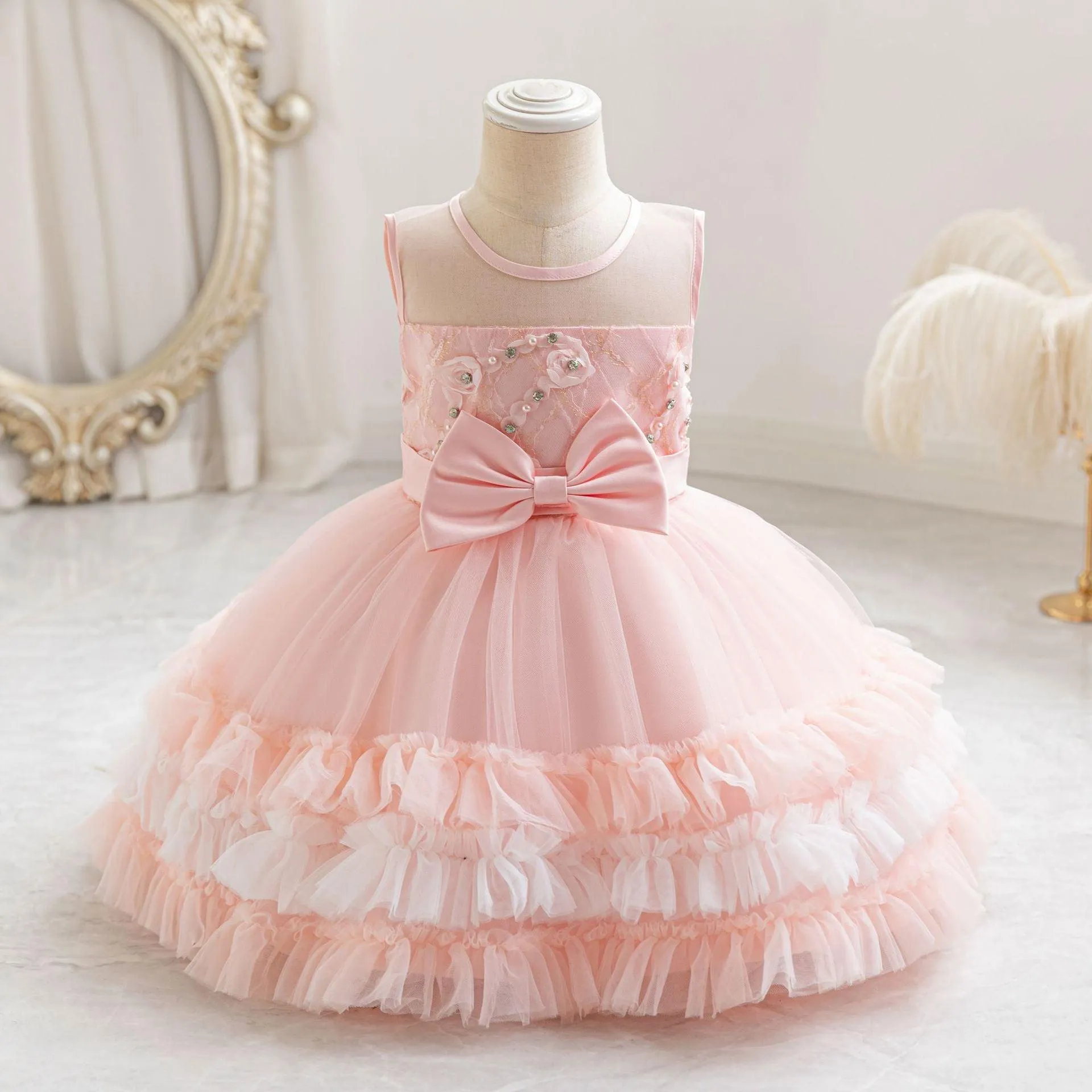 Soft Mint Princess Dress Airy Tulle Dress Elegant Pearl Flower Design for an Exquisite Look