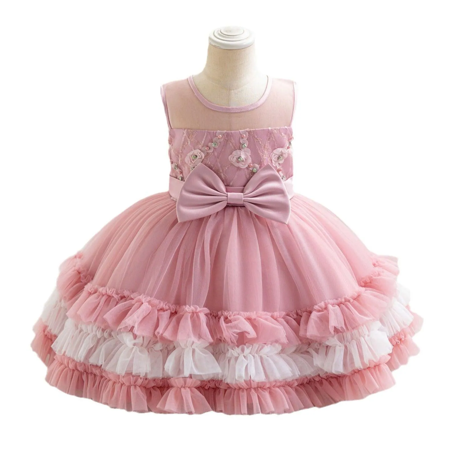 Soft Mint Princess Dress Airy Tulle Dress Elegant Pearl Flower Design for an Exquisite Look