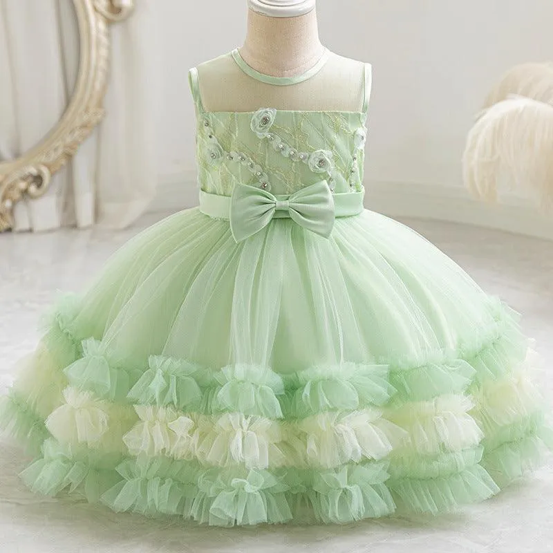 Soft Mint Princess Dress Airy Tulle Dress Elegant Pearl Flower Design for an Exquisite Look