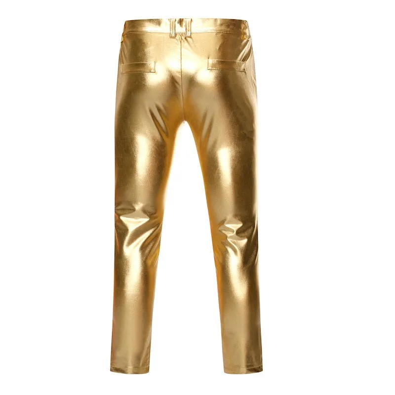 Solid Coated Metallic Skinny Shiny Stage Style Men Pants