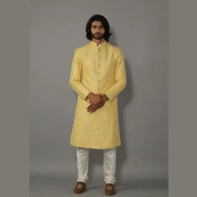 Square Pattern Embroidered Yellow Sherwani With Off White Churidar