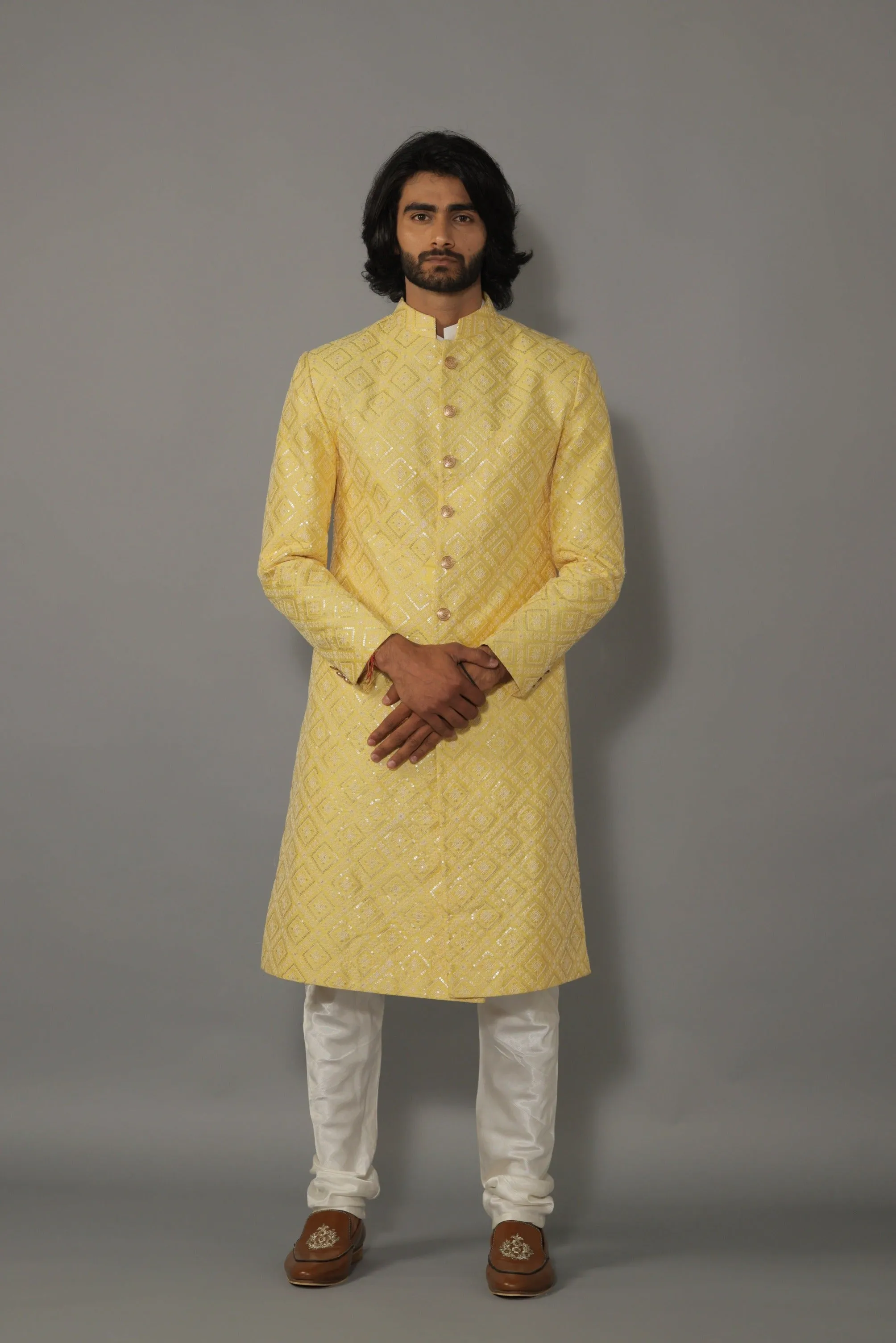 Square Pattern Embroidered Yellow Sherwani With Off White Churidar