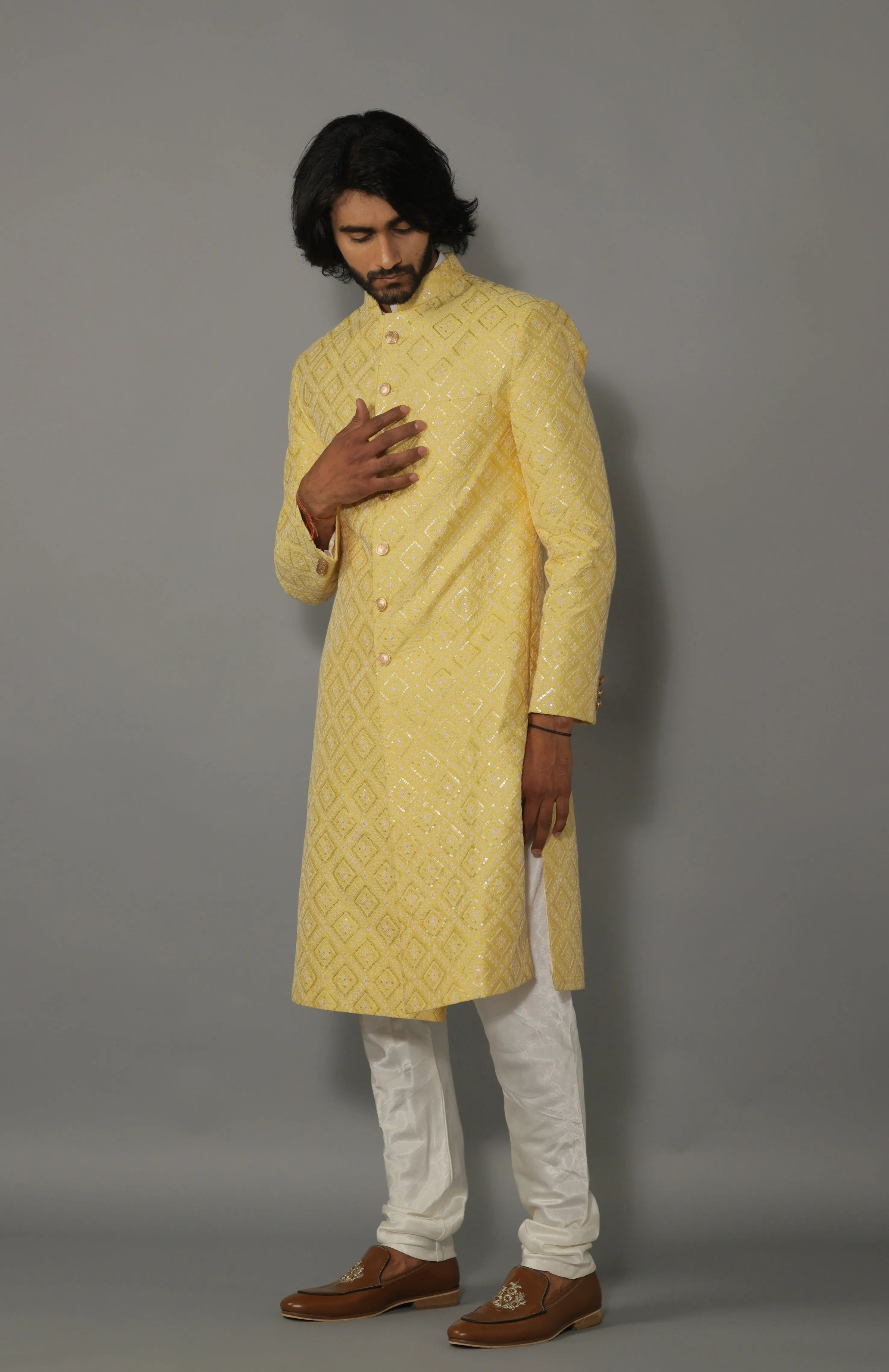 Square Pattern Embroidered Yellow Sherwani With Off White Churidar