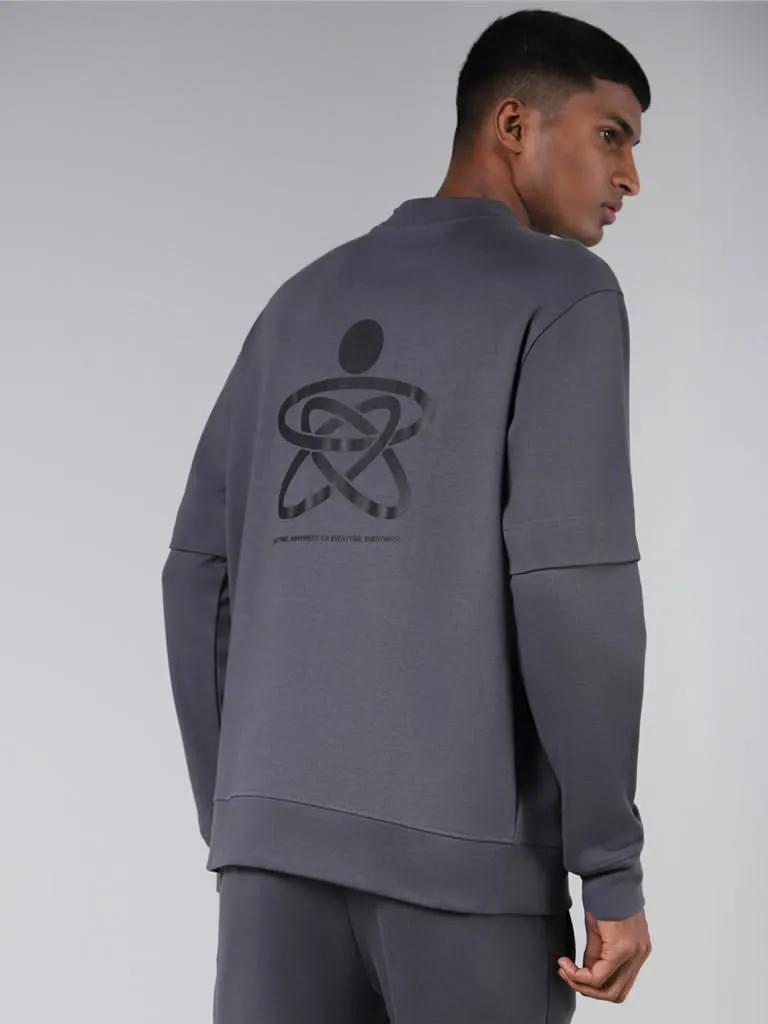 Studiofit Grey Typographic Printed Cotton Relaxed-Fit Sweatshirt