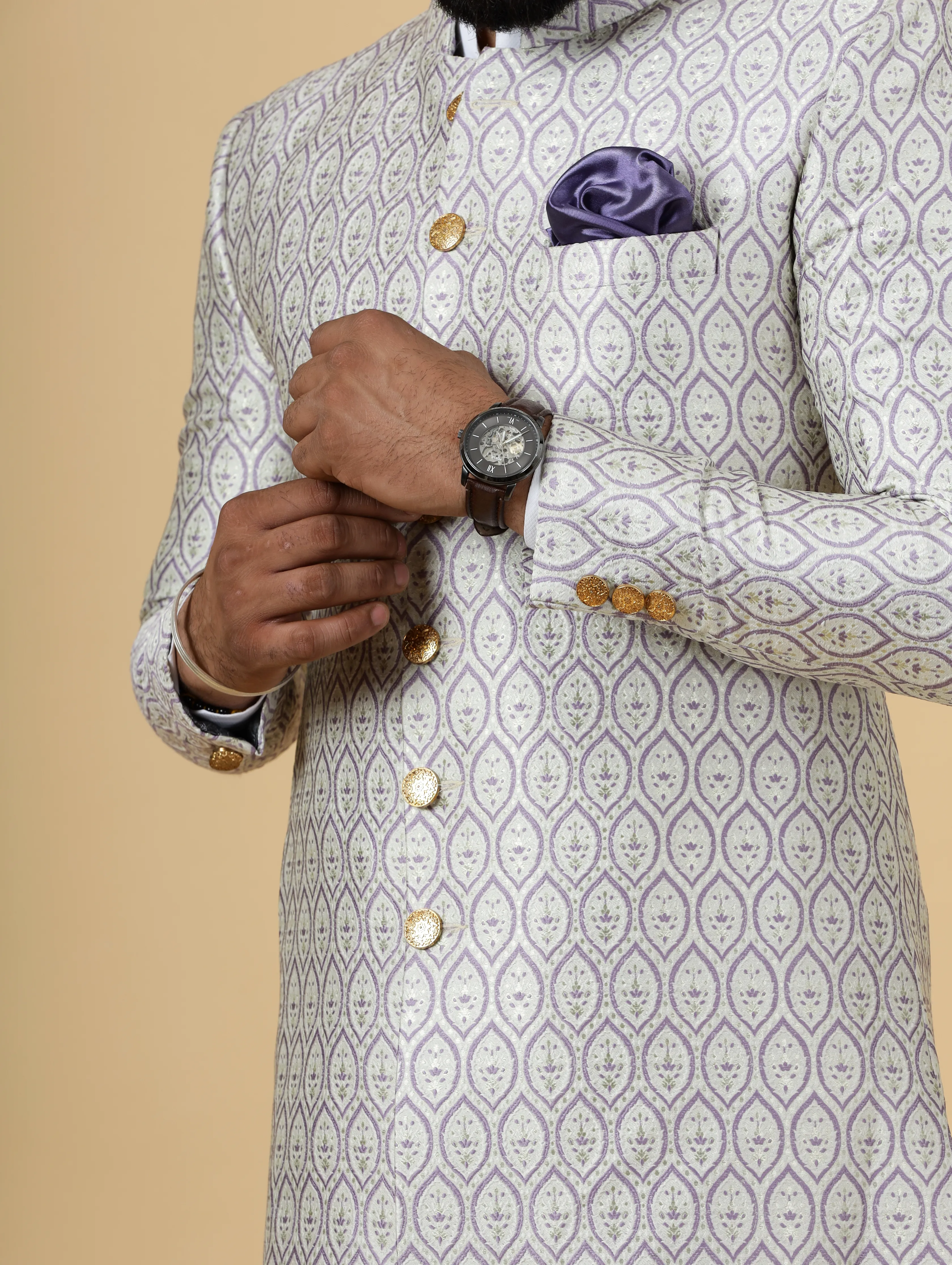 Stunning Beige Banarasi Brocade Achkan with Lilac Churidar for Men | Father Son Combo| Perfect for Grooms