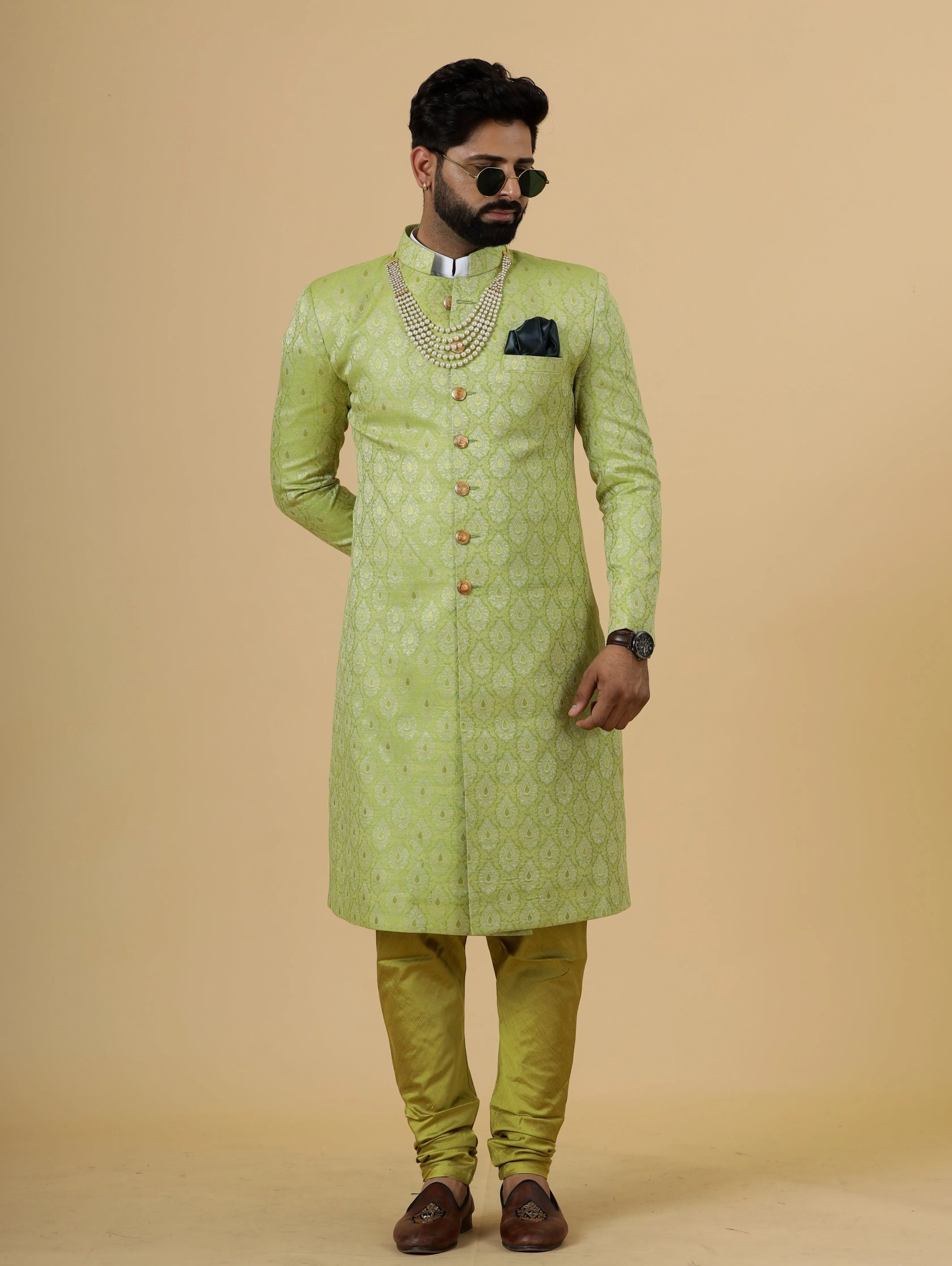 Stunning Citron Green Banarasi Brocade Achkan for Men | Father Son Combo | Perfect for Grooms