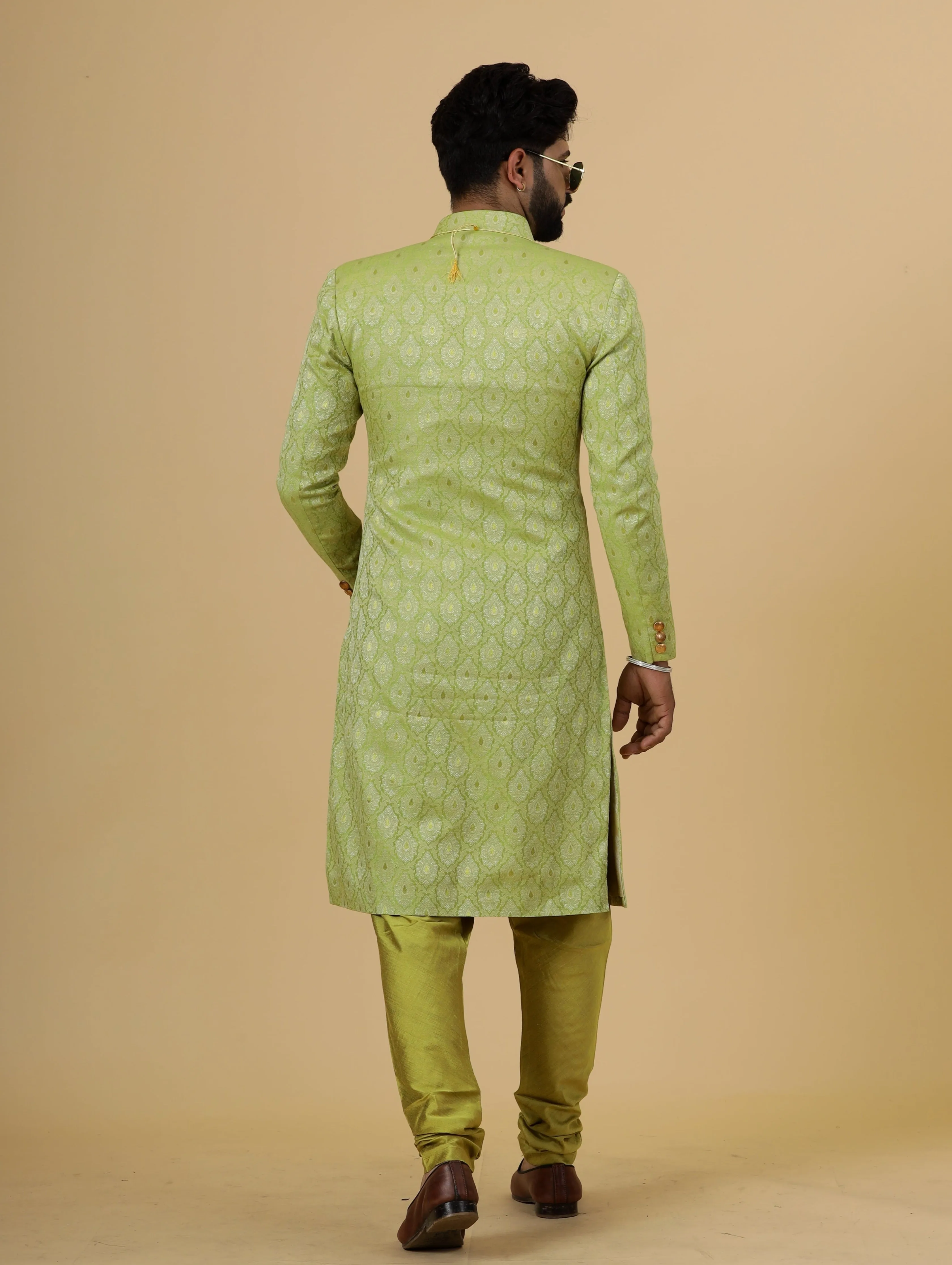 Stunning Citron Green Banarasi Brocade Achkan for Men | Father Son Combo | Perfect for Grooms