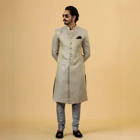 Stunning Golden-Grey Banarasi Brocade Achkan for Men | Father Son Combo | Perfect for Grooms