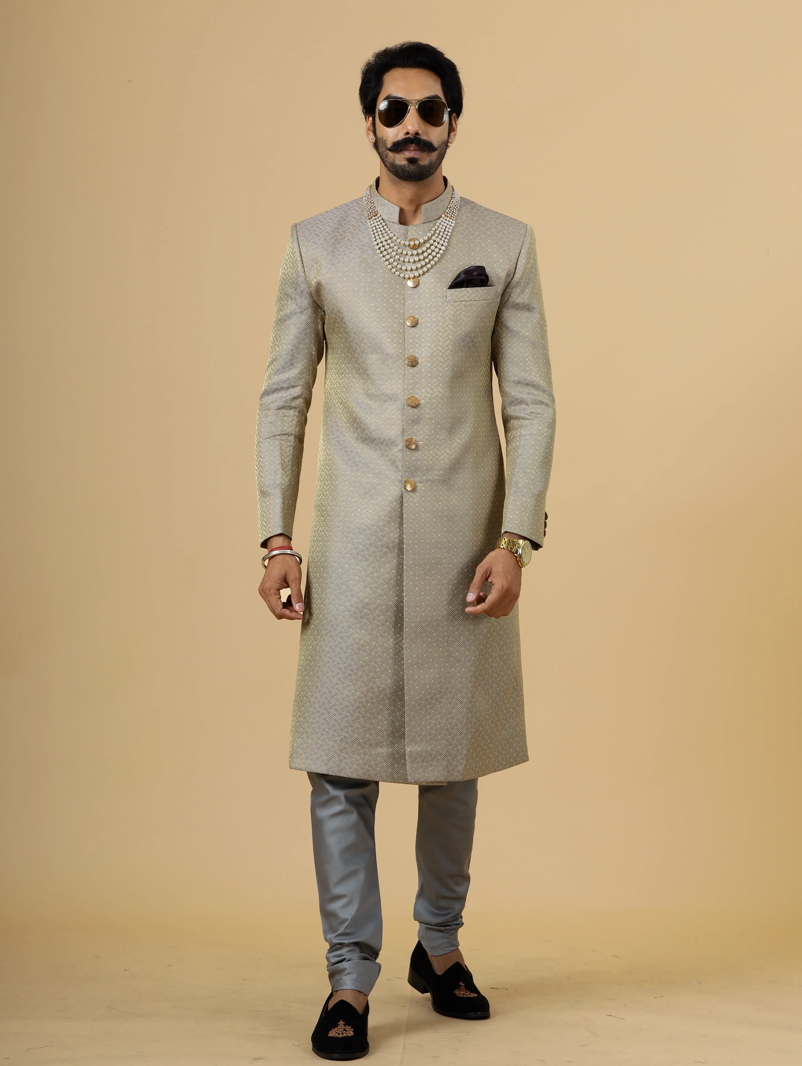 Stunning Golden-Grey Banarasi Brocade Achkan for Men | Father Son Combo | Perfect for Grooms