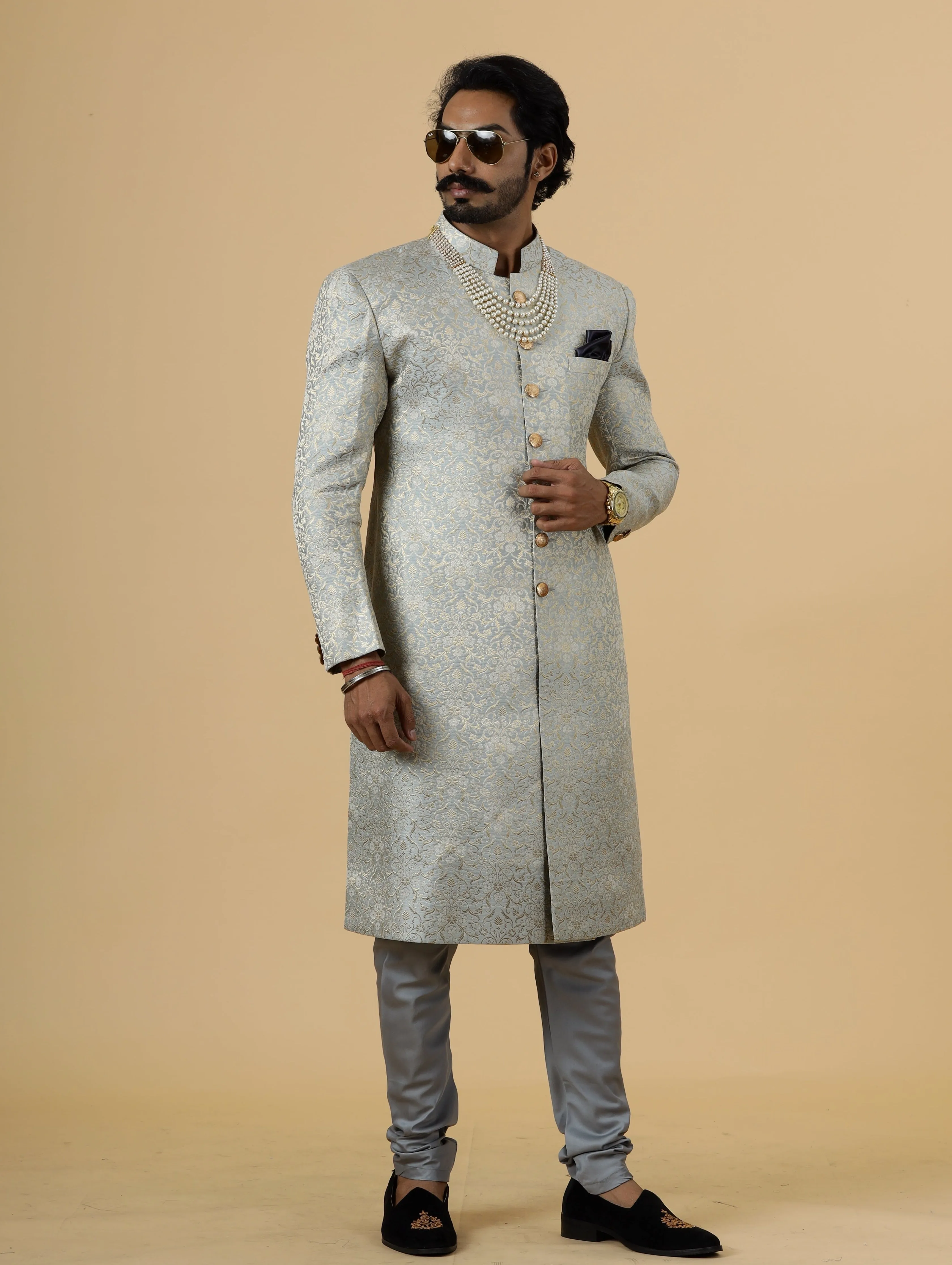 Stunning Grey Banarasi Brocade Achkan for Men | Father Son Combo | Pastel Colour Sherwani | Perfect for Grooms