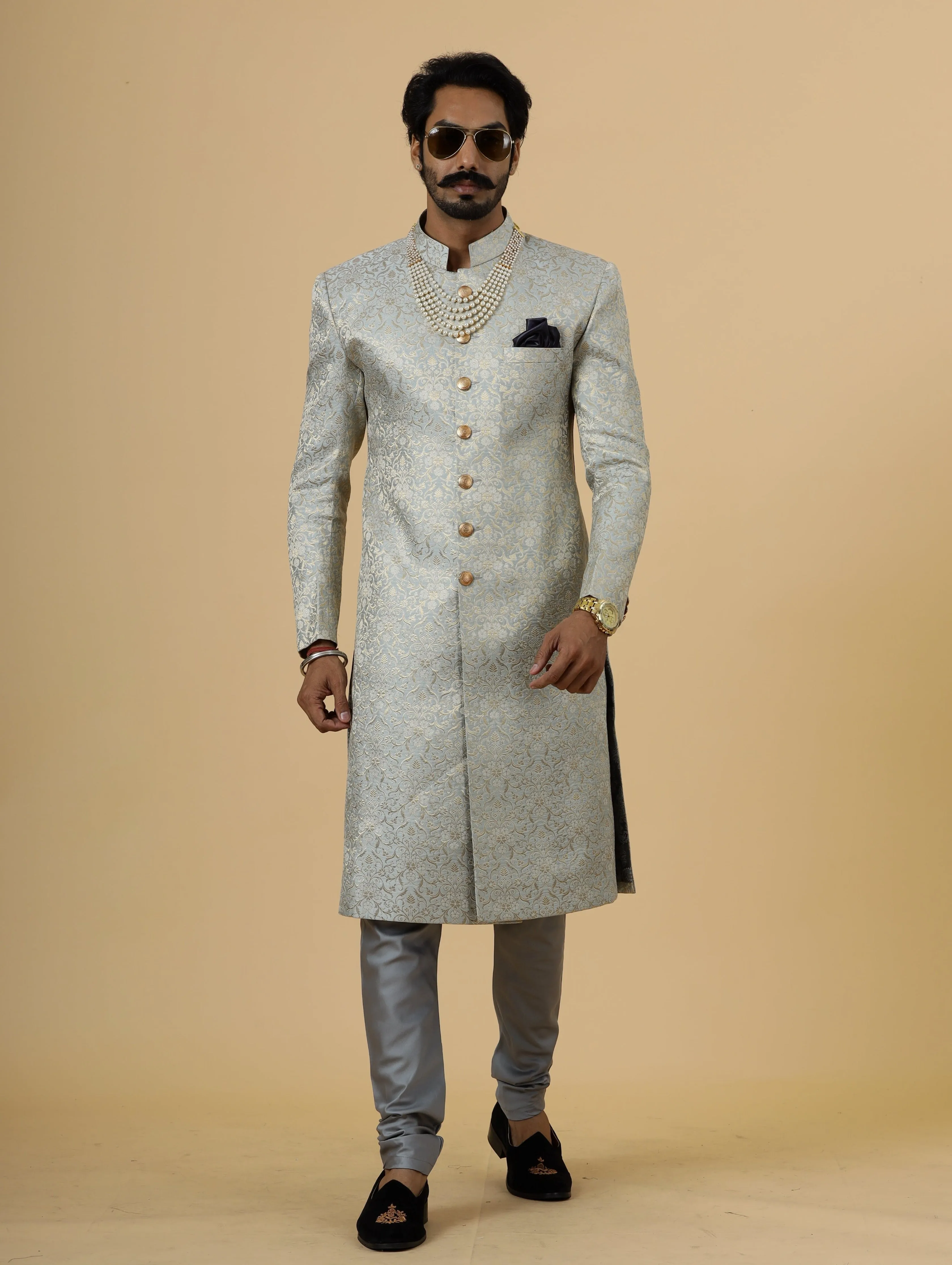 Stunning Grey Banarasi Brocade Achkan for Men | Father Son Combo | Pastel Colour Sherwani | Perfect for Grooms