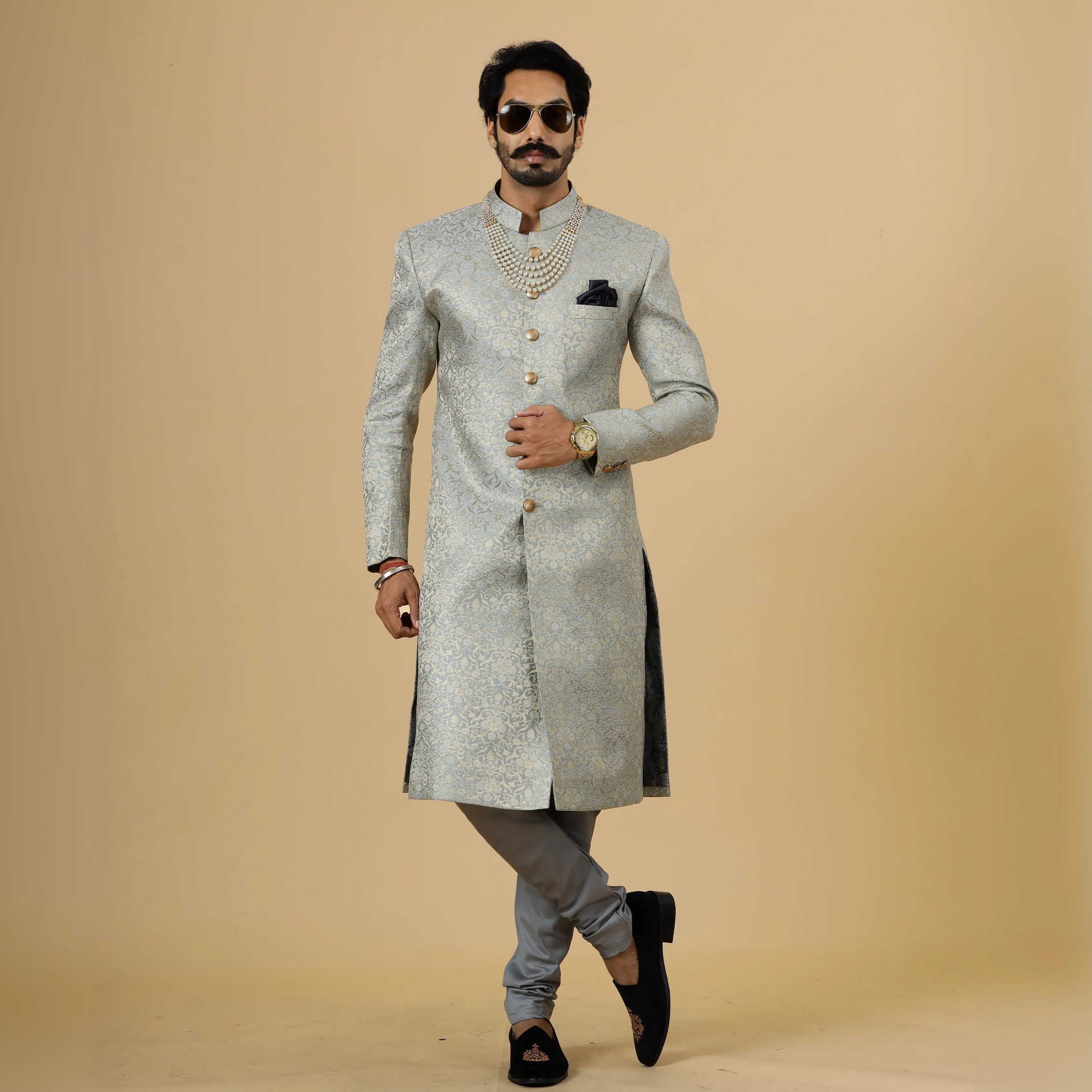 Stunning Grey Banarasi Brocade Achkan for Men | Father Son Combo | Pastel Colour Sherwani | Perfect for Grooms