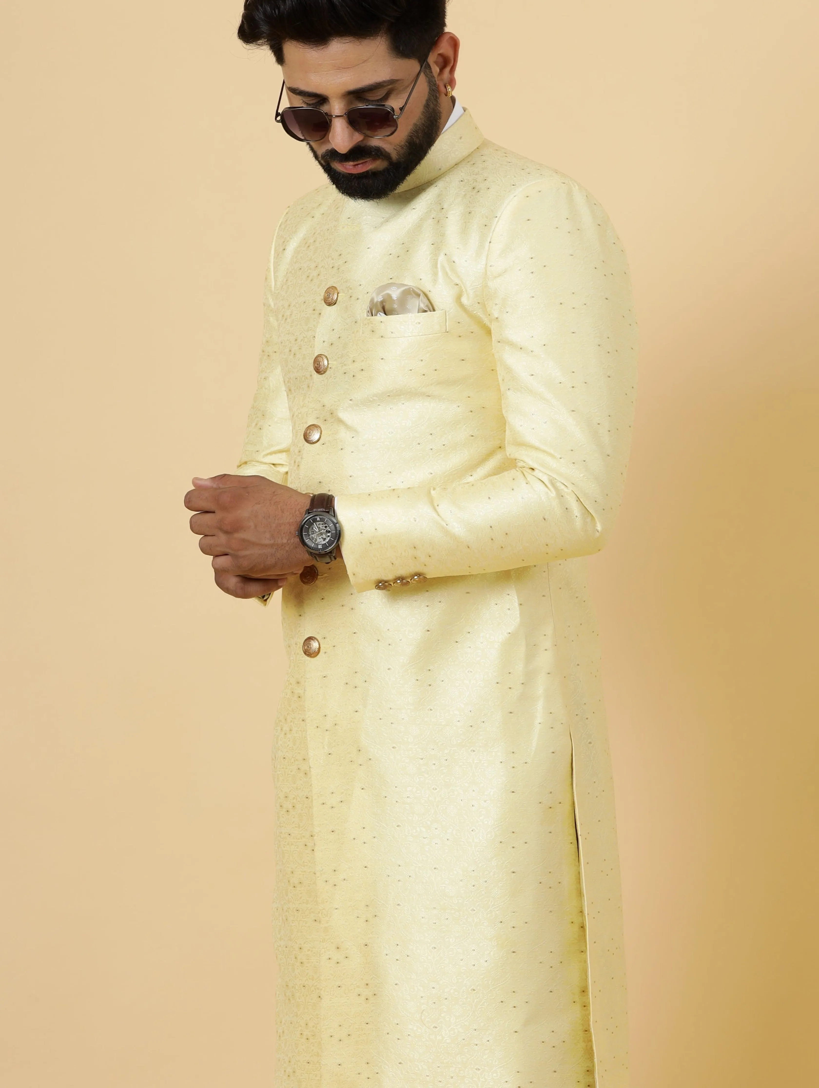 Stunning Light Yellow Banarasi Brocade Achkan for Men | Father Son Combo | Pastel Colour Sherwani | Perfect for Grooms