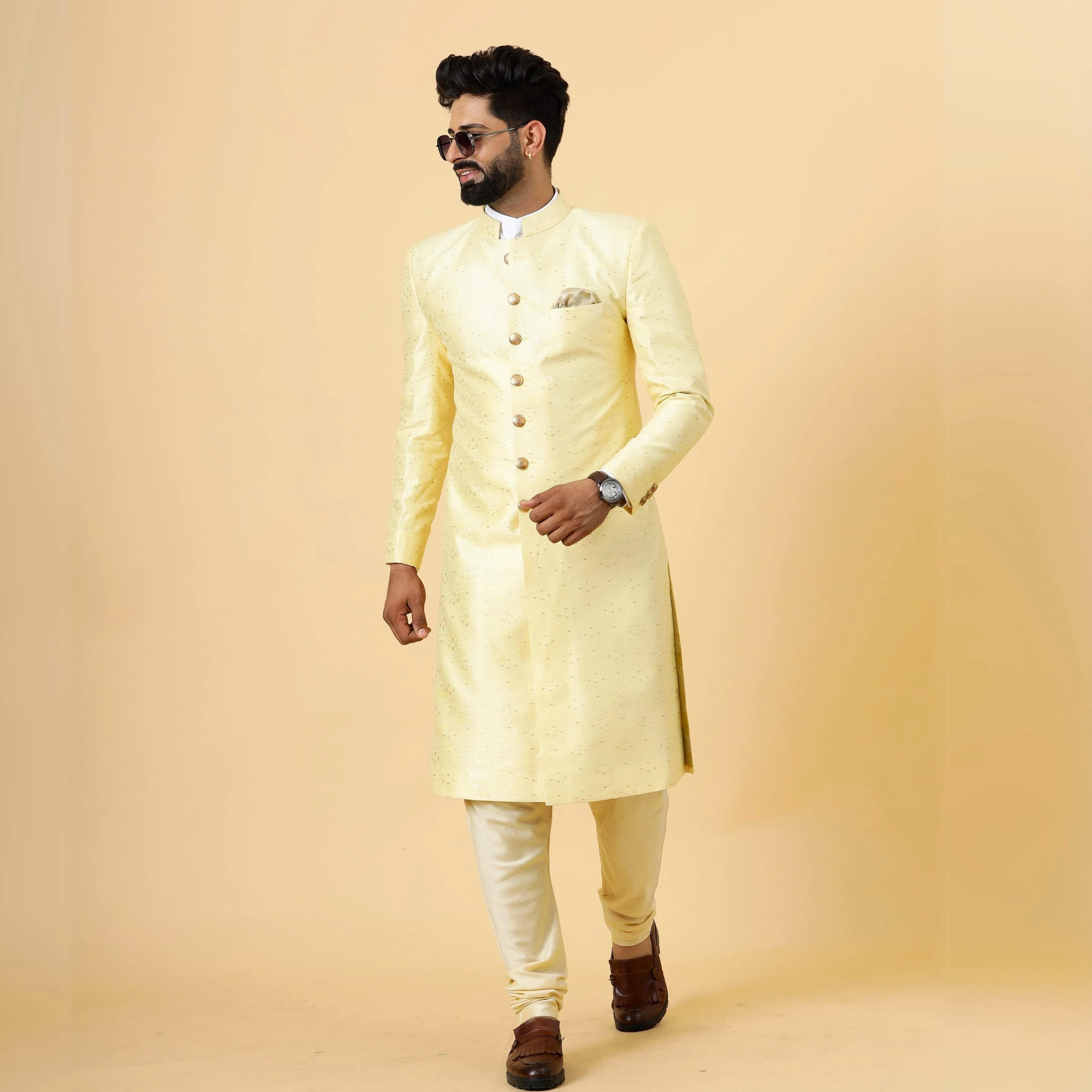 Stunning Light Yellow Banarasi Brocade Achkan for Men | Father Son Combo | Pastel Colour Sherwani | Perfect for Grooms