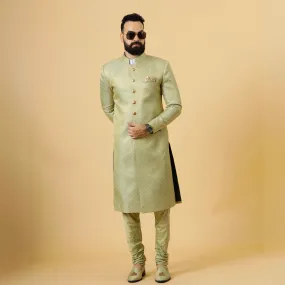 Stunning Lime Gold Banarasi Brocade Achkan for Men | Father Son Combo | Perfect for Grooms