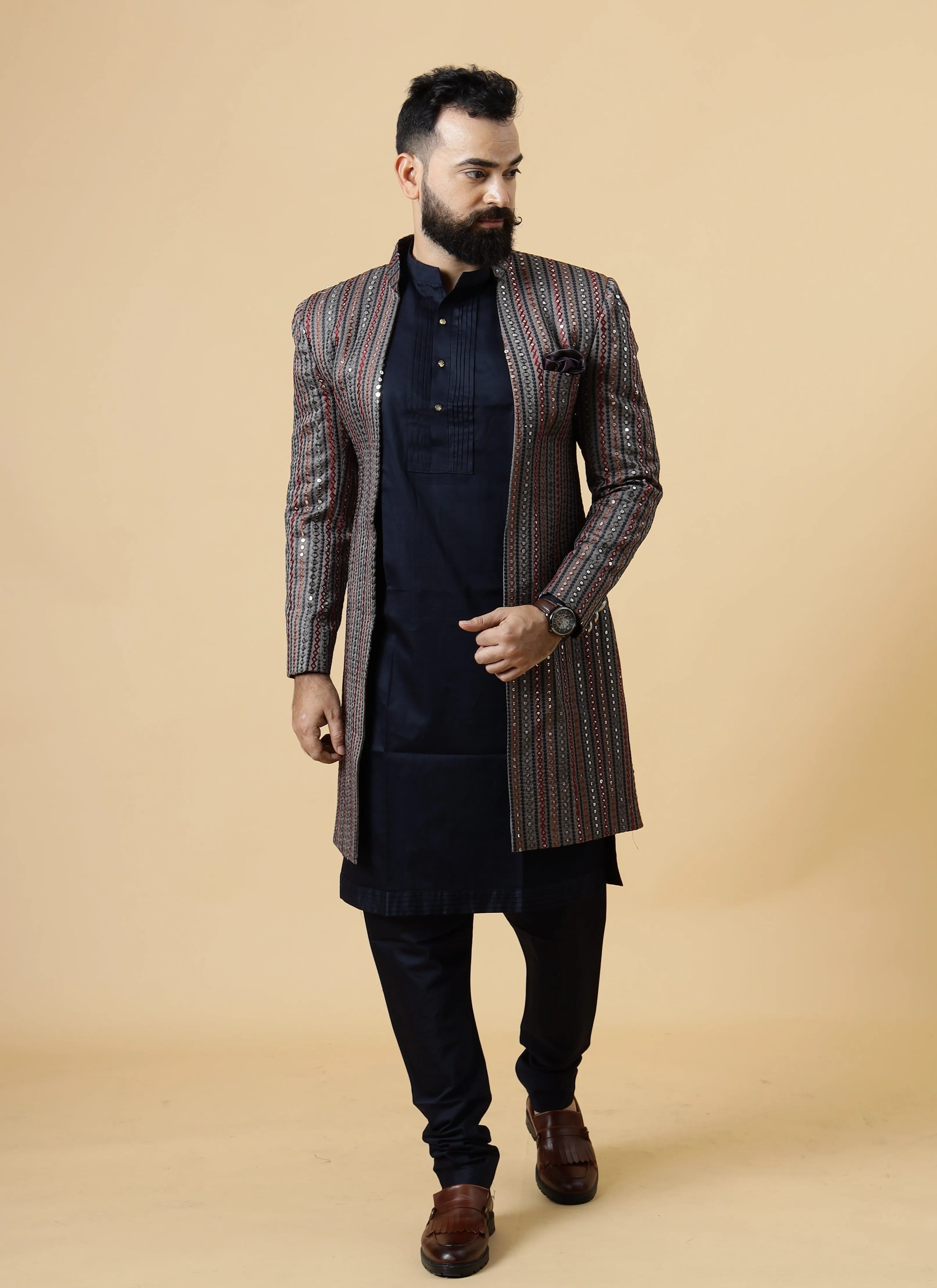 Stunning Mirror Embroidered Grey Open Sherwani with Navy Blue Kurta Pajama for Men | Father Son Combo | Navy Blue Color |Grey Sherwani | Perfect for Grooms