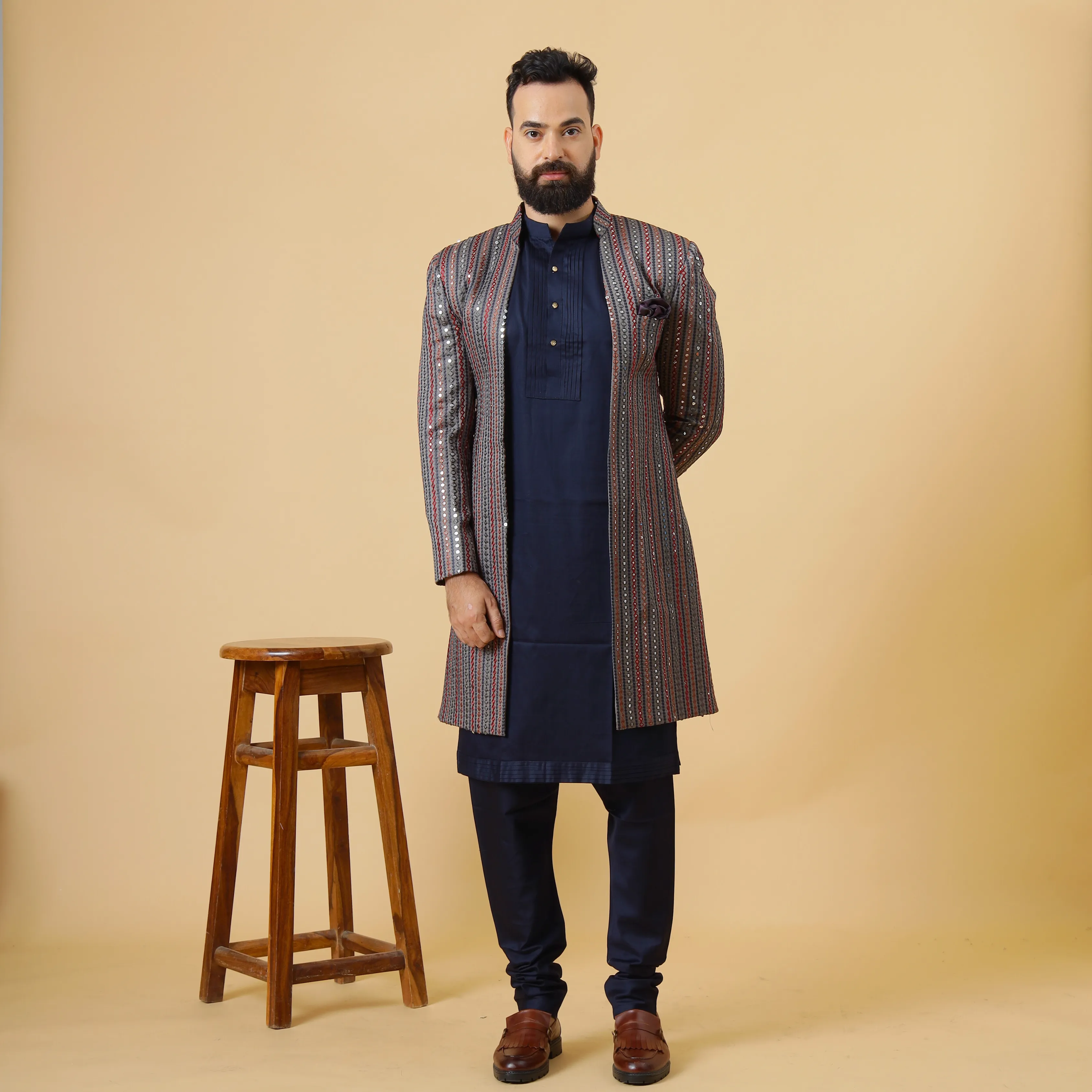 Stunning Mirror Embroidered Grey Open Sherwani with Navy Blue Kurta Pajama for Men | Father Son Combo | Navy Blue Color |Grey Sherwani | Perfect for Grooms