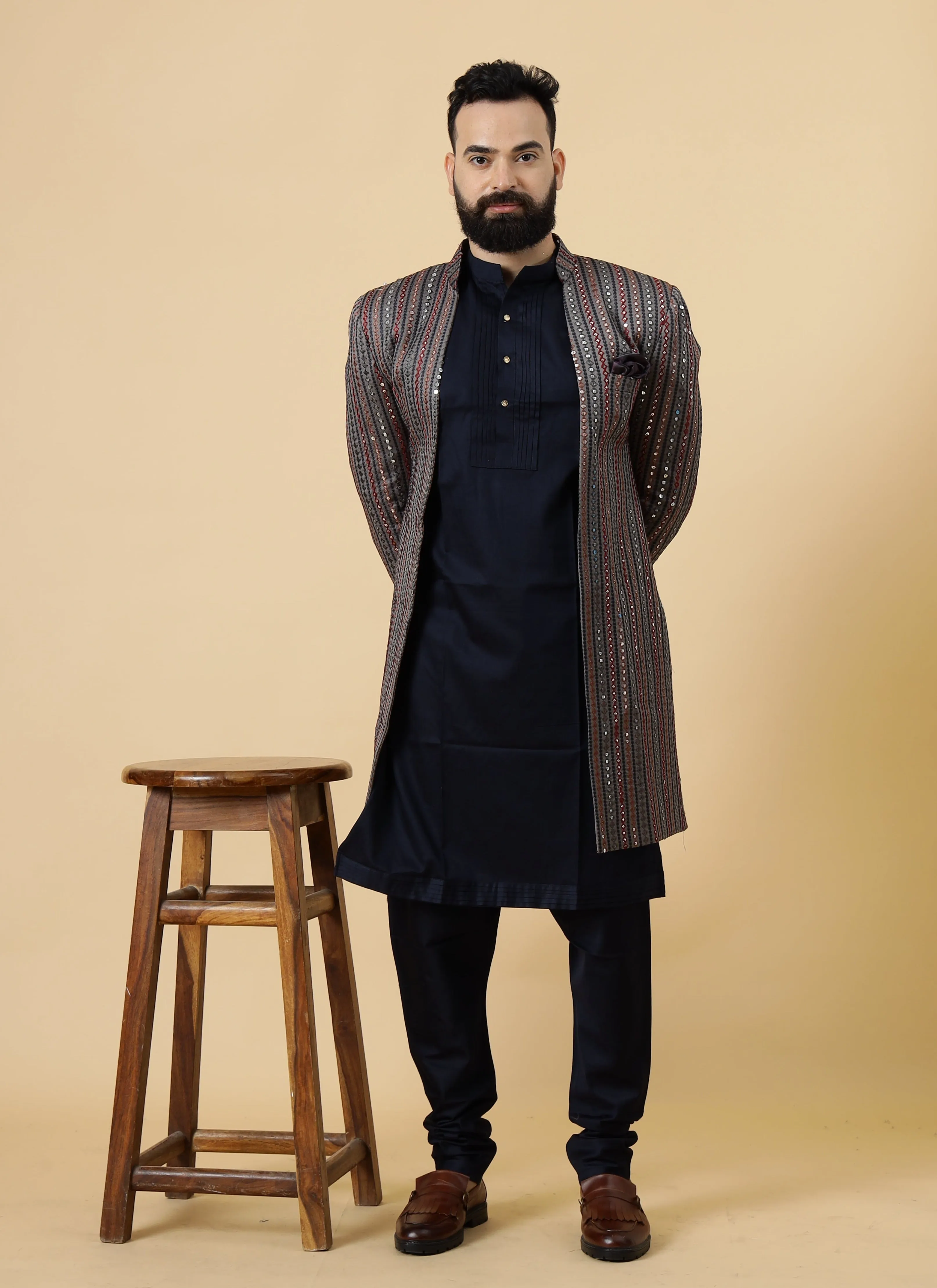 Stunning Mirror Embroidered Grey Open Sherwani with Navy Blue Kurta Pajama for Men | Father Son Combo | Navy Blue Color |Grey Sherwani | Perfect for Grooms