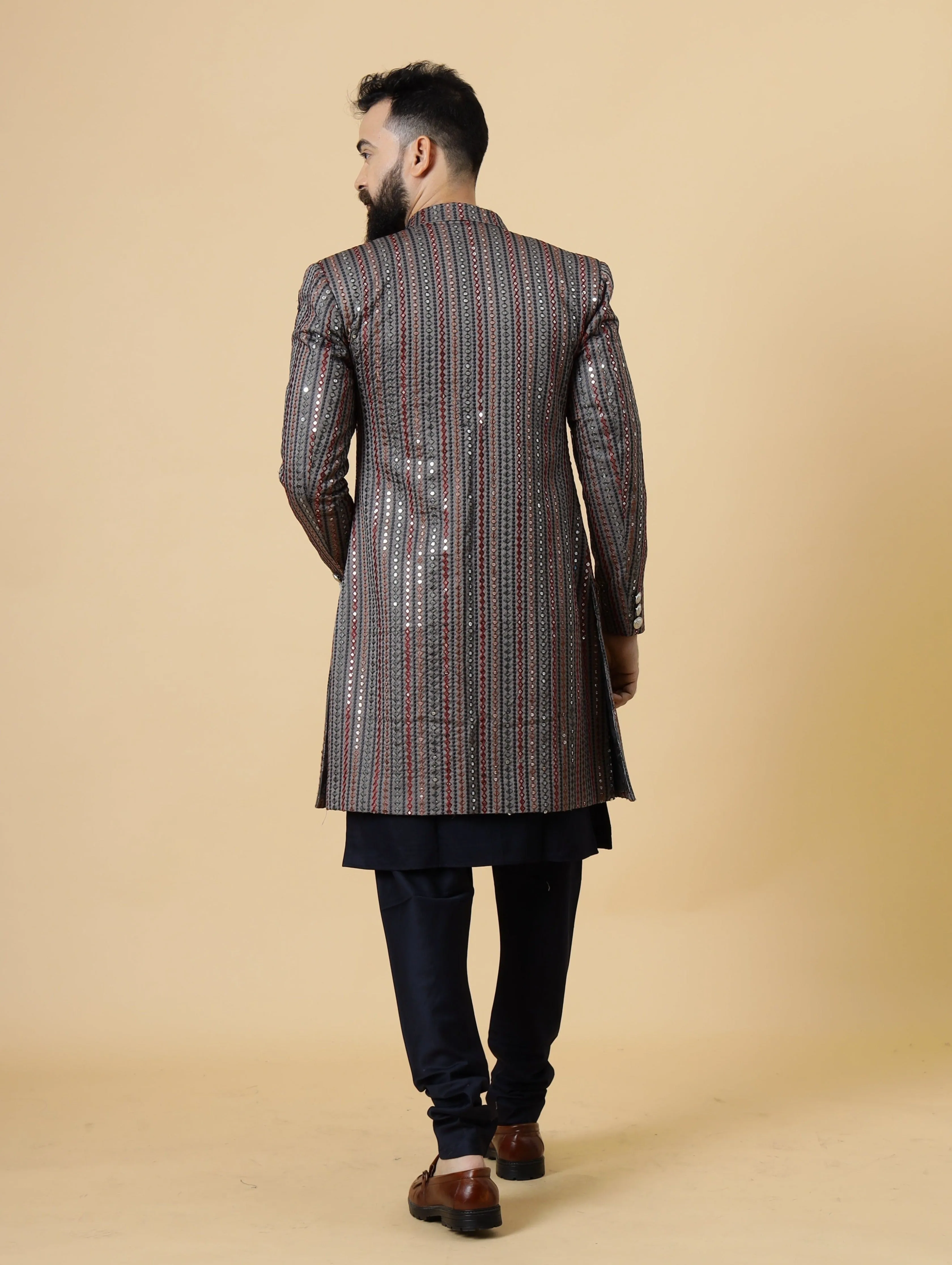 Stunning Mirror Embroidered Grey Open Sherwani with Navy Blue Kurta Pajama for Men | Father Son Combo | Navy Blue Color |Grey Sherwani | Perfect for Grooms