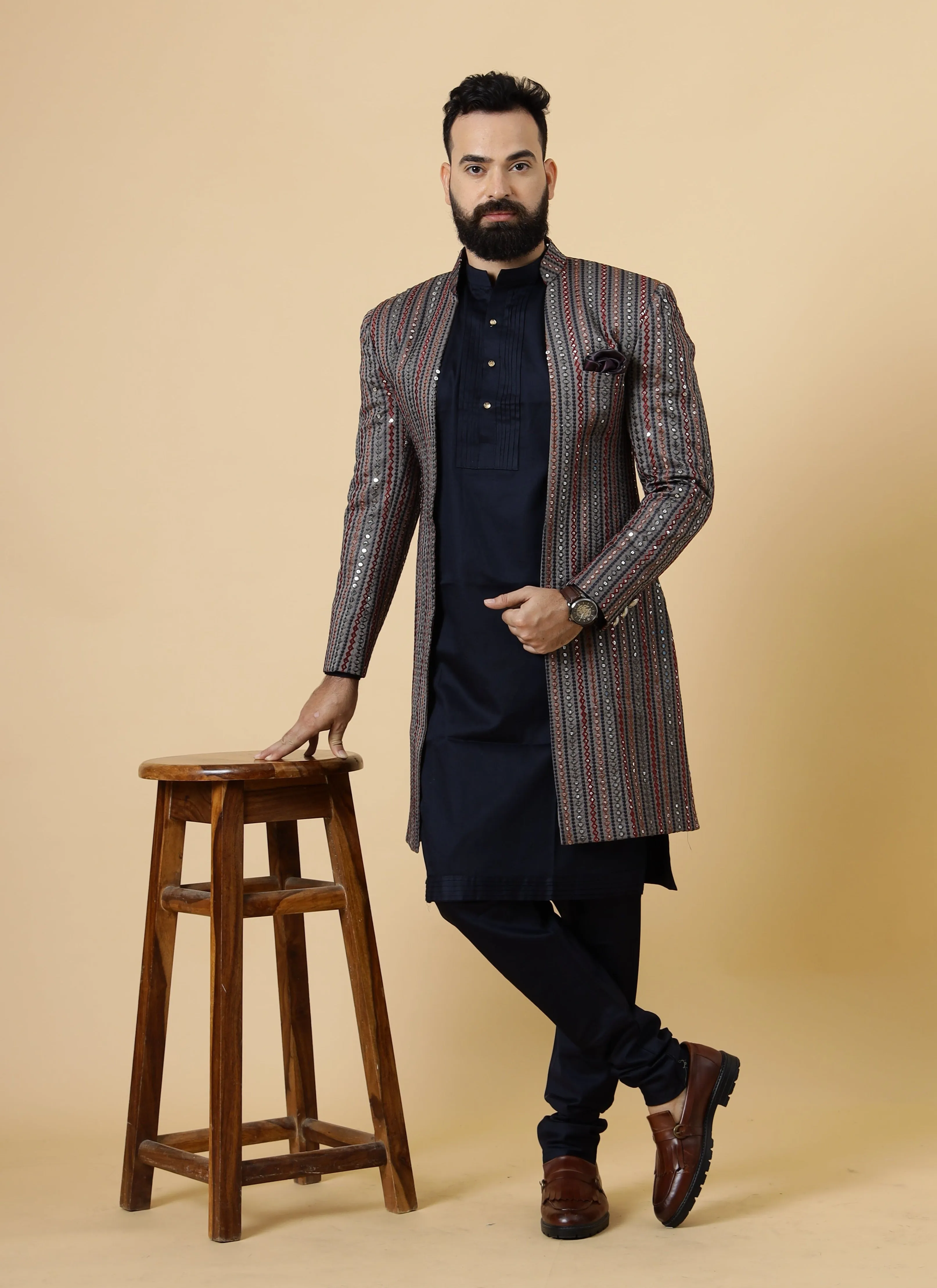 Stunning Mirror Embroidered Grey Open Sherwani with Navy Blue Kurta Pajama for Men | Father Son Combo | Navy Blue Color |Grey Sherwani | Perfect for Grooms