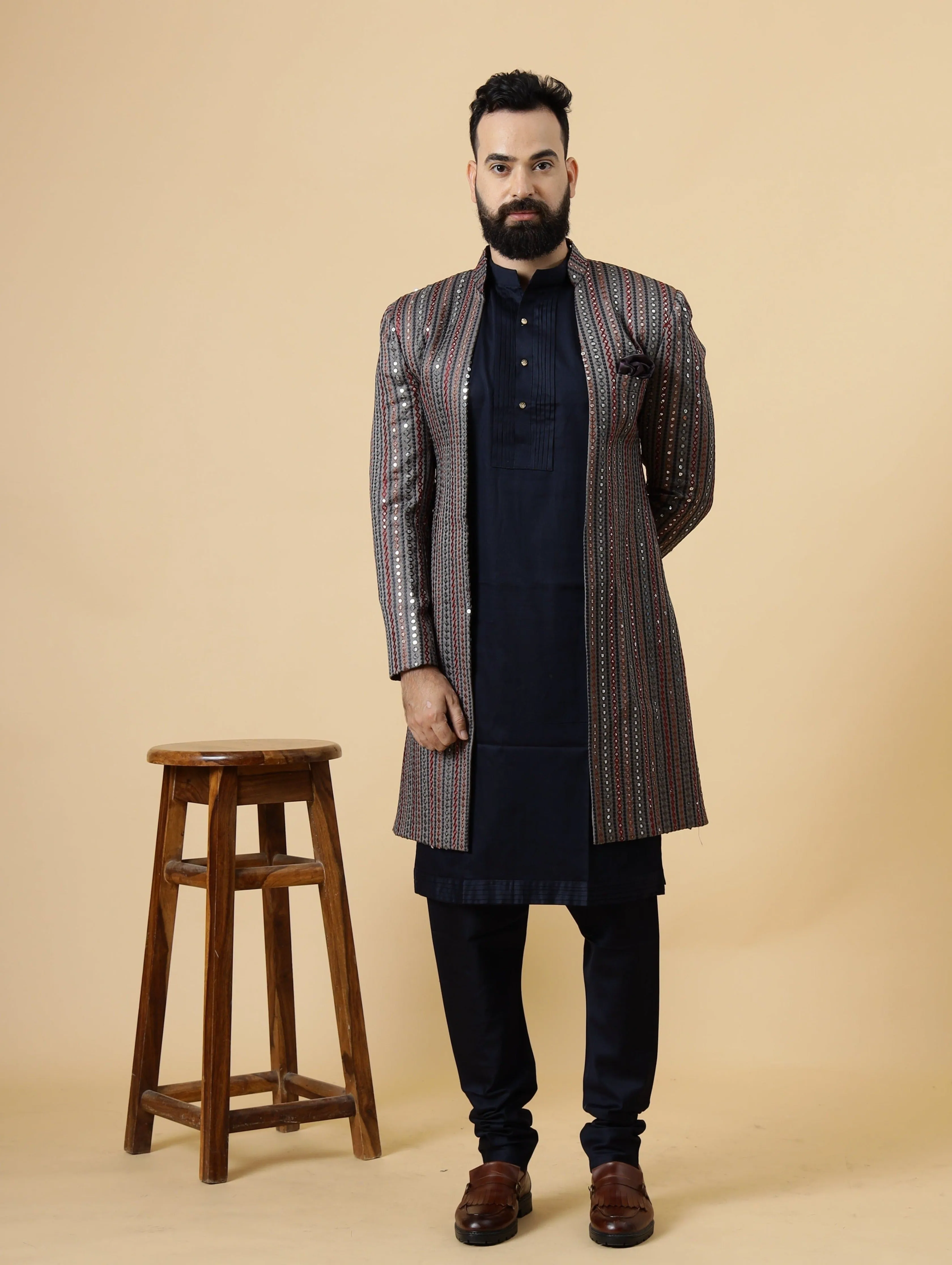 Stunning Mirror Embroidered Grey Open Sherwani with Navy Blue Kurta Pajama for Men | Father Son Combo | Navy Blue Color |Grey Sherwani | Perfect for Grooms