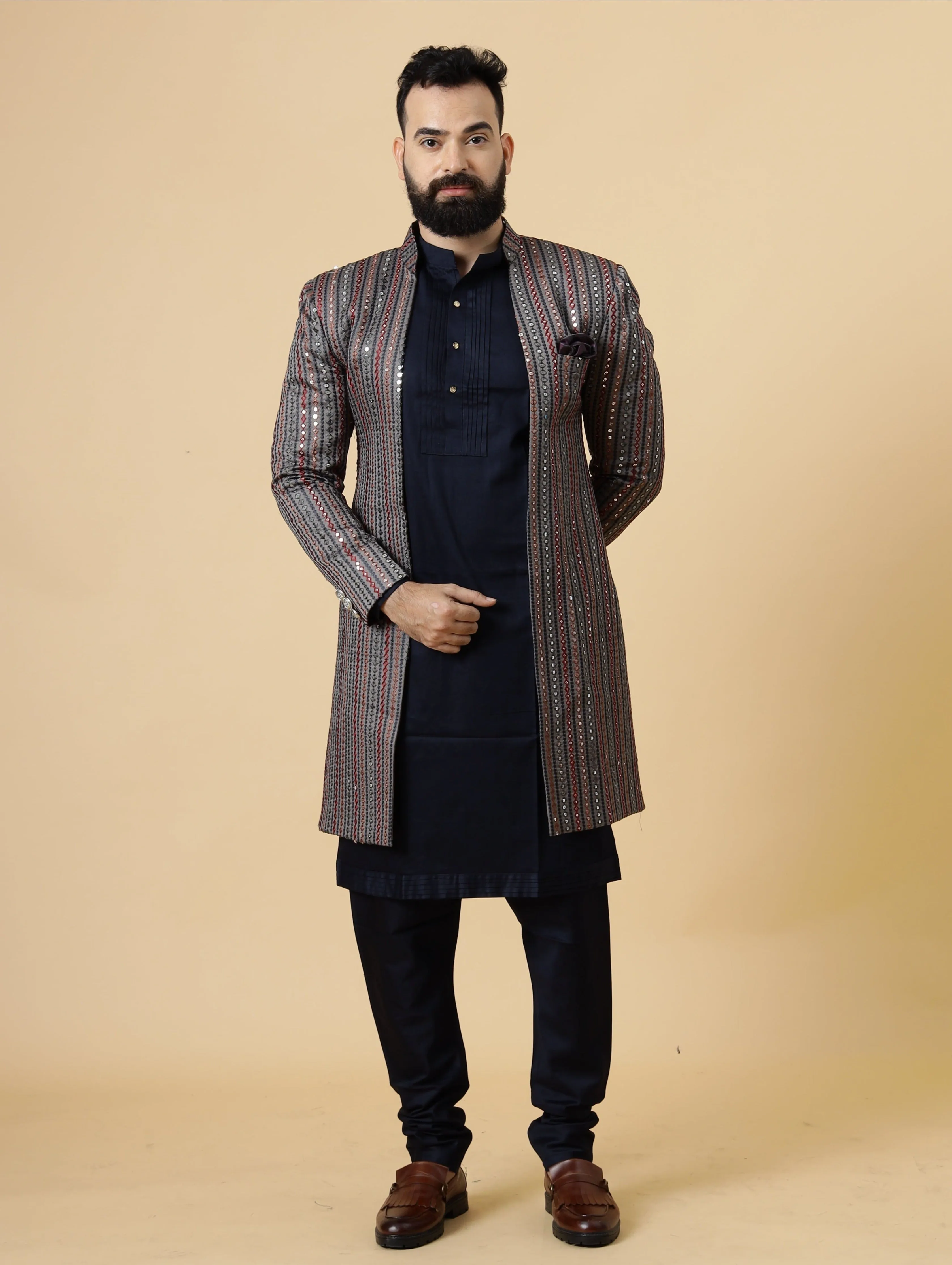 Stunning Mirror Embroidered Grey Open Sherwani with Navy Blue Kurta Pajama for Men | Father Son Combo | Navy Blue Color |Grey Sherwani | Perfect for Grooms