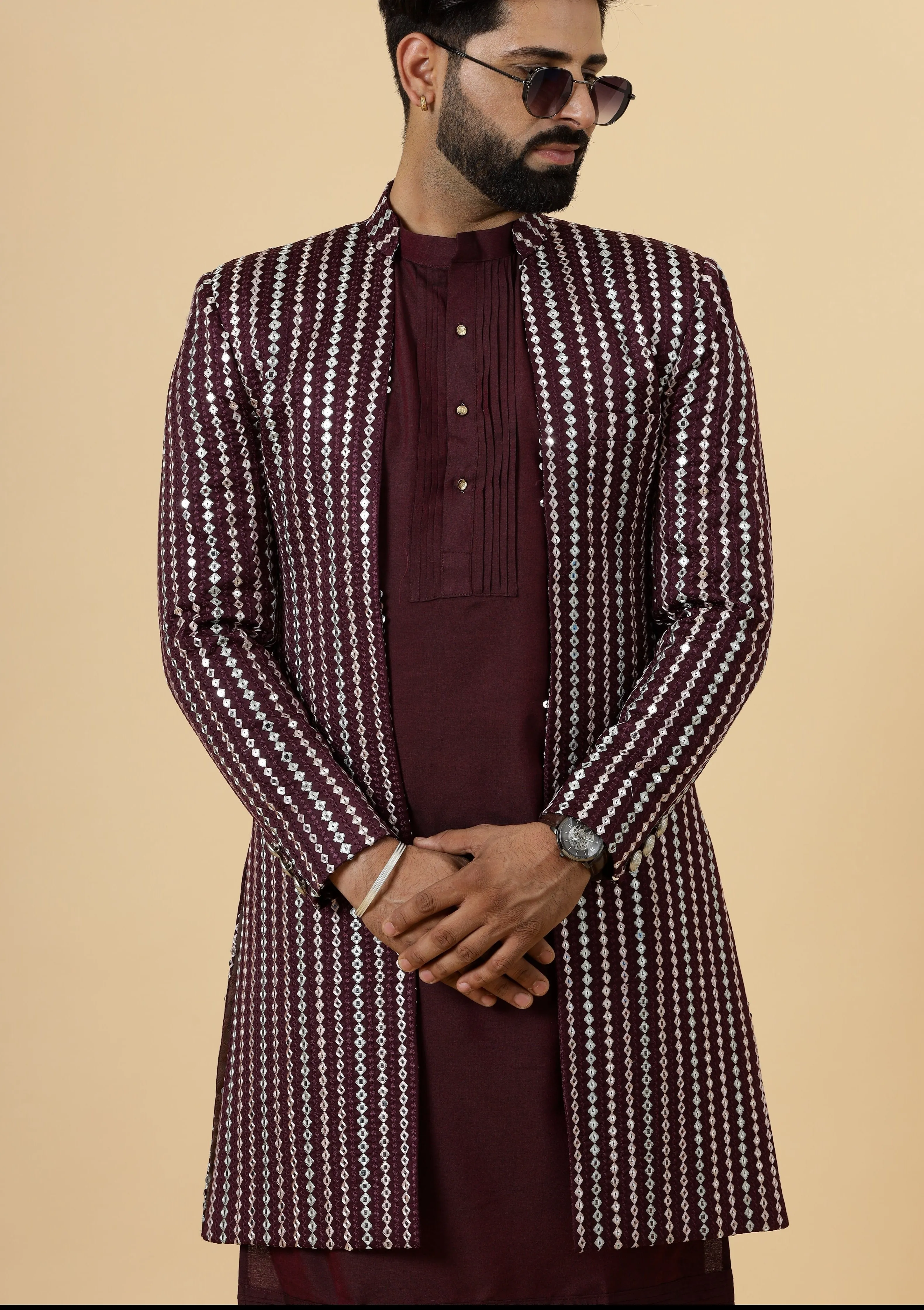 Stunning Mirror Embroidered Wine Open Sherwani with Wine Kurta Pajama for Men | Father Son Combo | Wine Color |Wine Sherwani | Perfect for Grooms