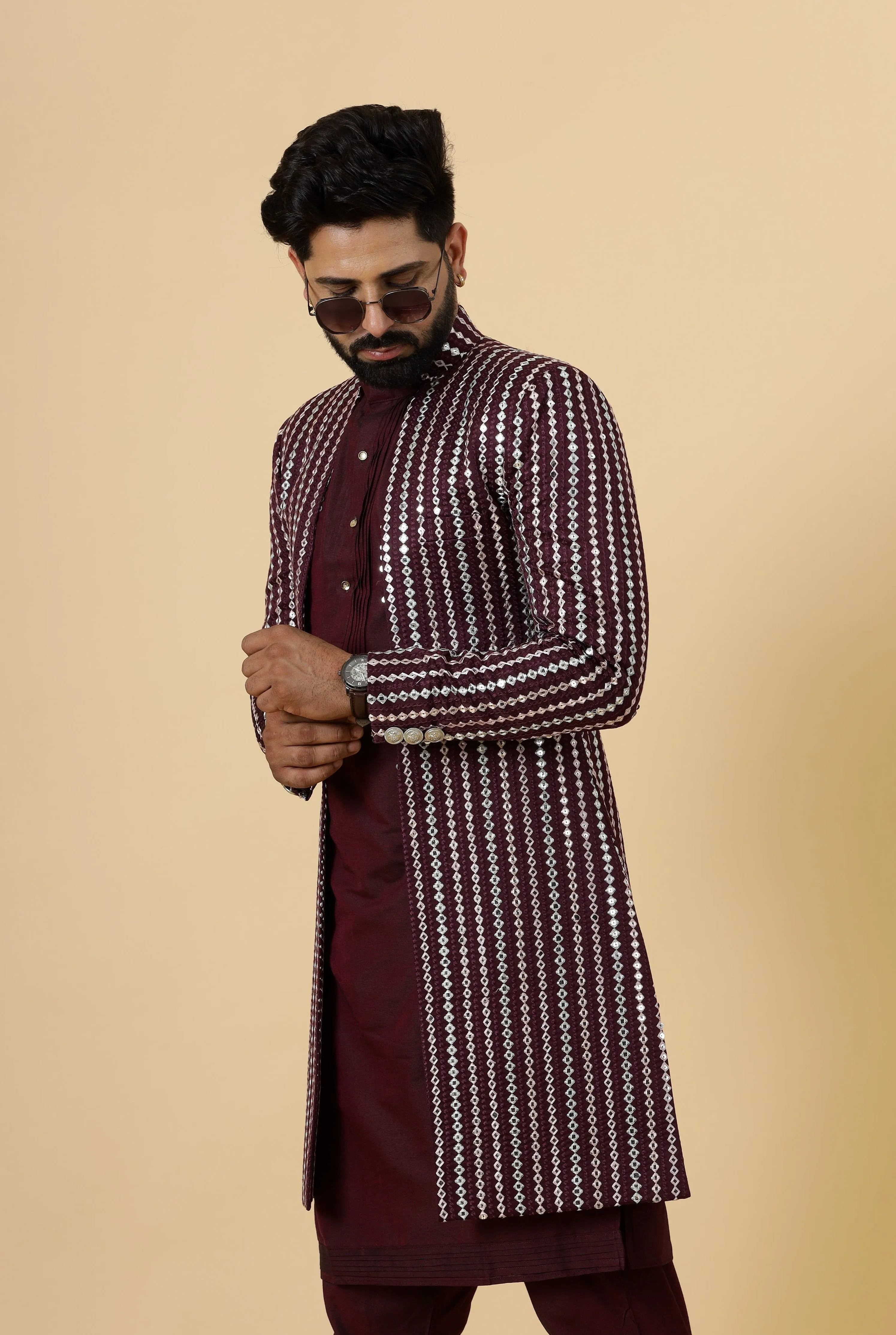 Stunning Mirror Embroidered Wine Open Sherwani with Wine Kurta Pajama for Men | Father Son Combo | Wine Color |Wine Sherwani | Perfect for Grooms