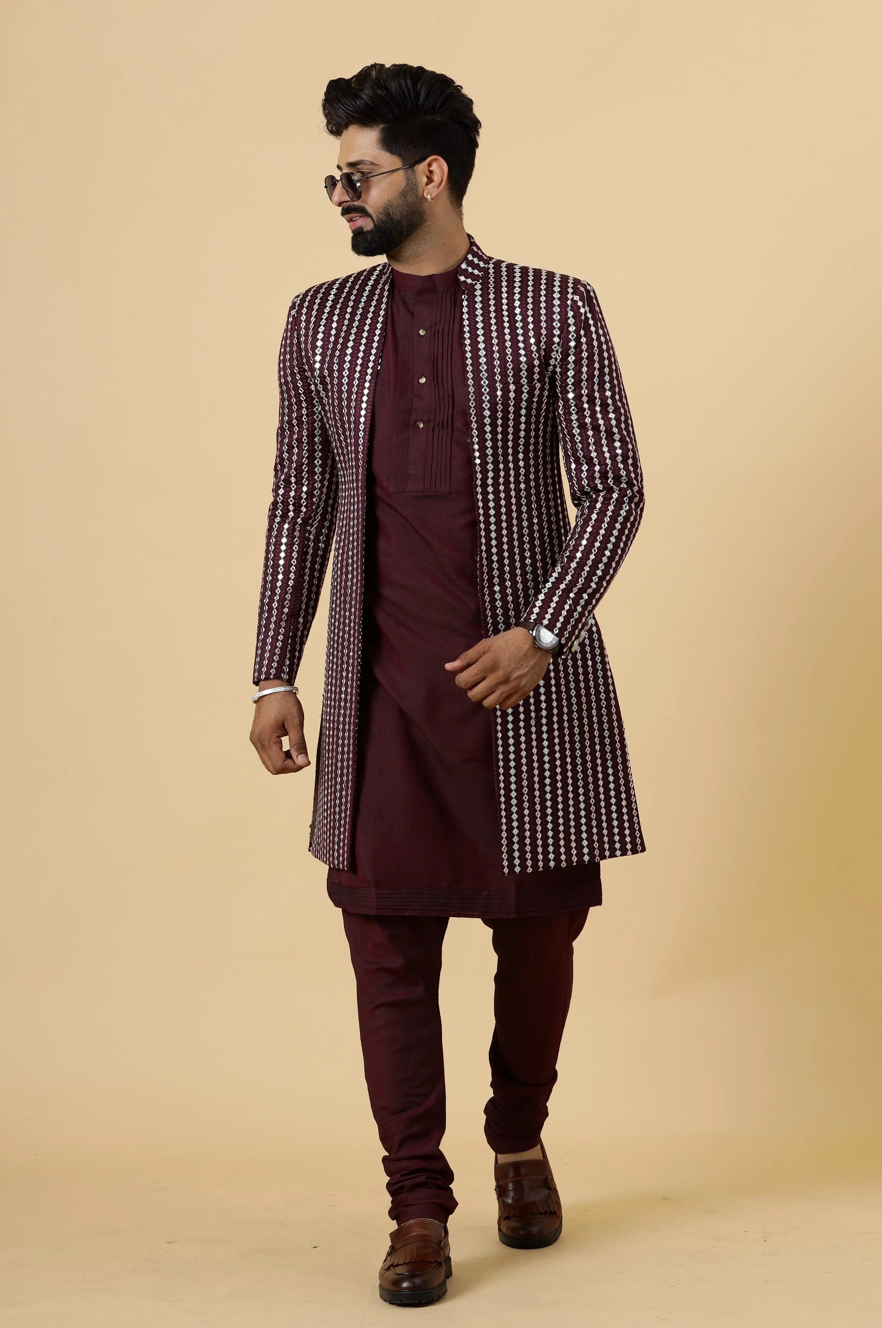 Stunning Mirror Embroidered Wine Open Sherwani with Wine Kurta Pajama for Men | Father Son Combo | Wine Color |Wine Sherwani | Perfect for Grooms