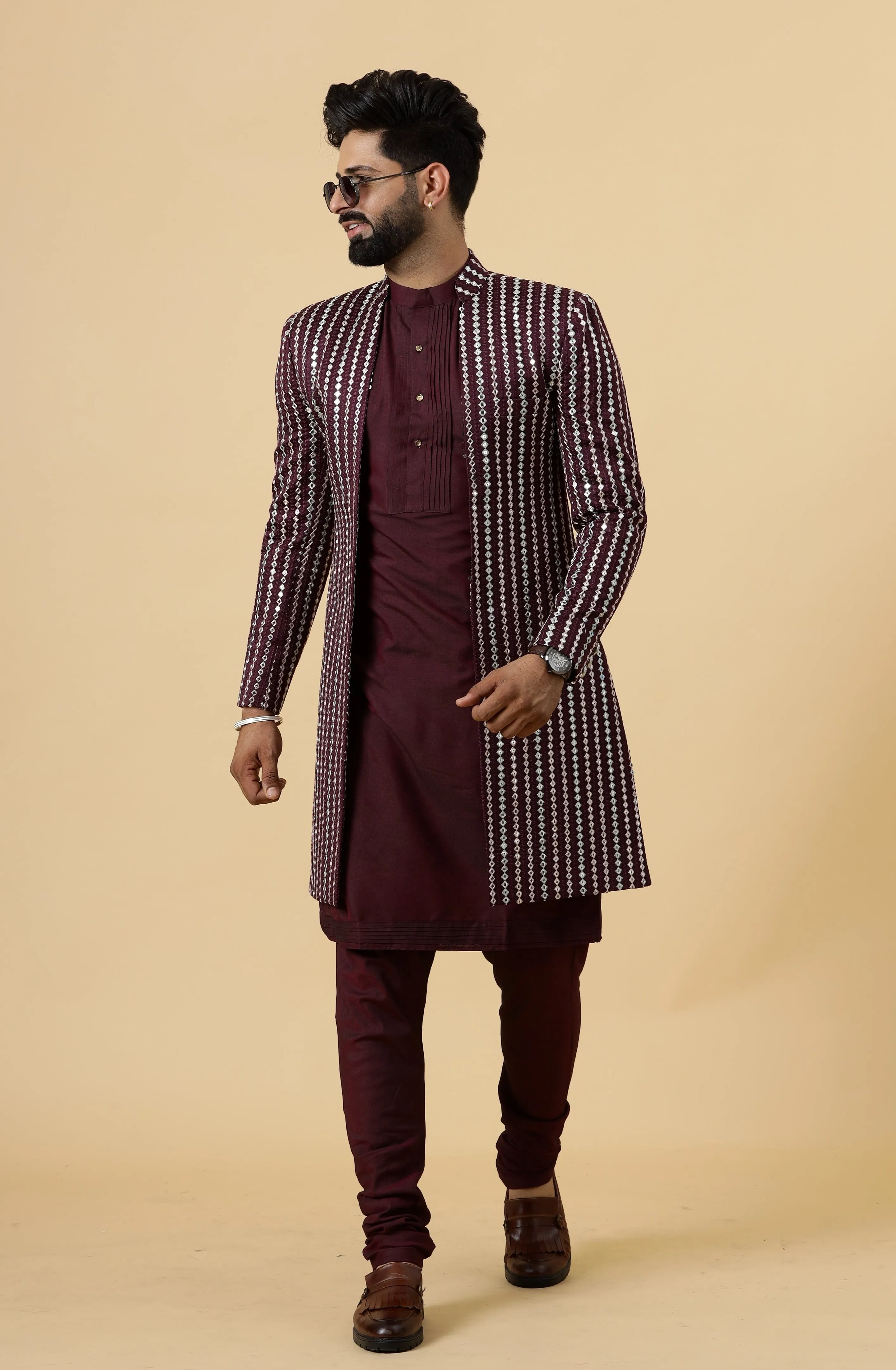 Stunning Mirror Embroidered Wine Open Sherwani with Wine Kurta Pajama for Men | Father Son Combo | Wine Color |Wine Sherwani | Perfect for Grooms