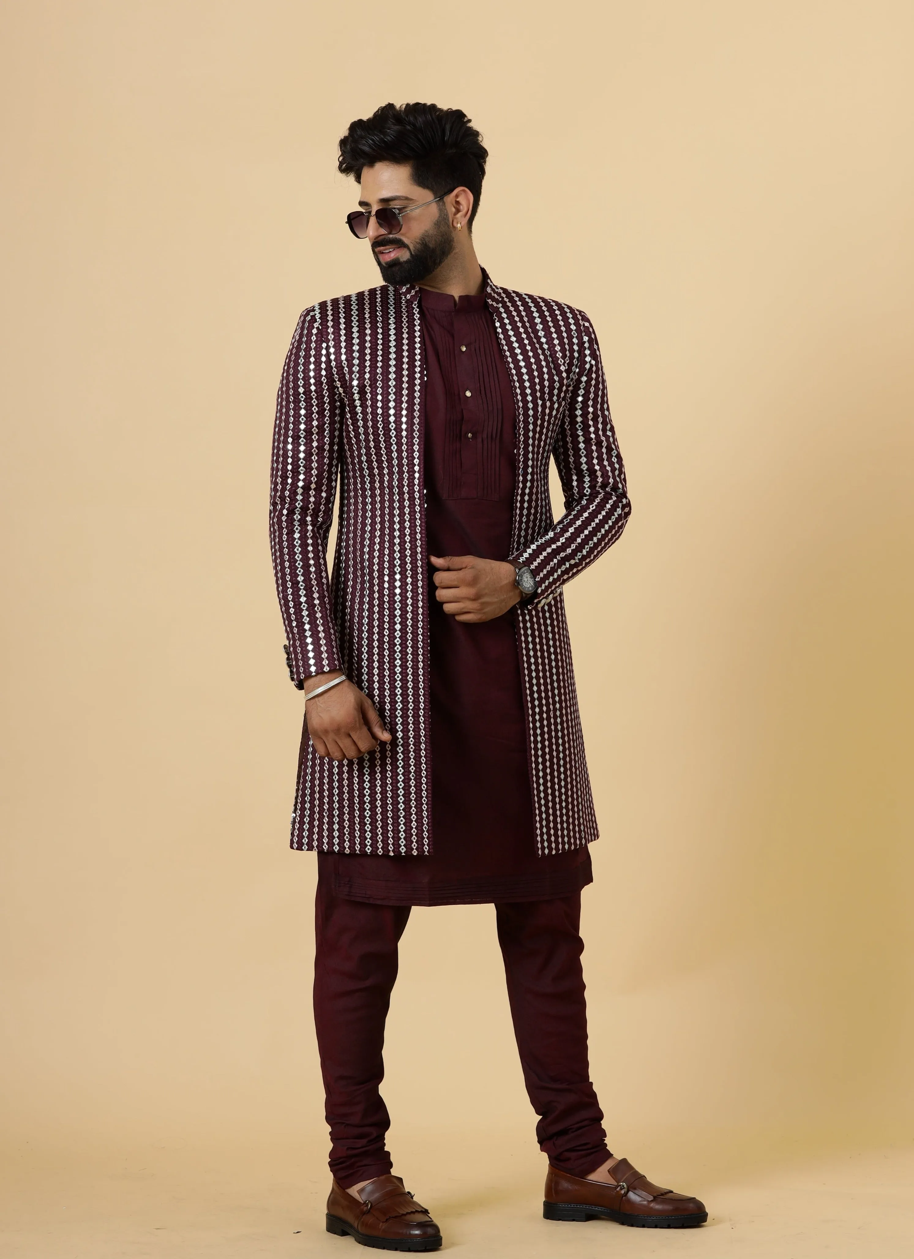 Stunning Mirror Embroidered Wine Open Sherwani with Wine Kurta Pajama for Men | Father Son Combo | Wine Color |Wine Sherwani | Perfect for Grooms