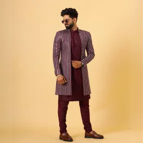 Stunning Mirror Embroidered Wine Open Sherwani with Wine Kurta Pajama for Men | Father Son Combo | Wine Color |Wine Sherwani | Perfect for Grooms