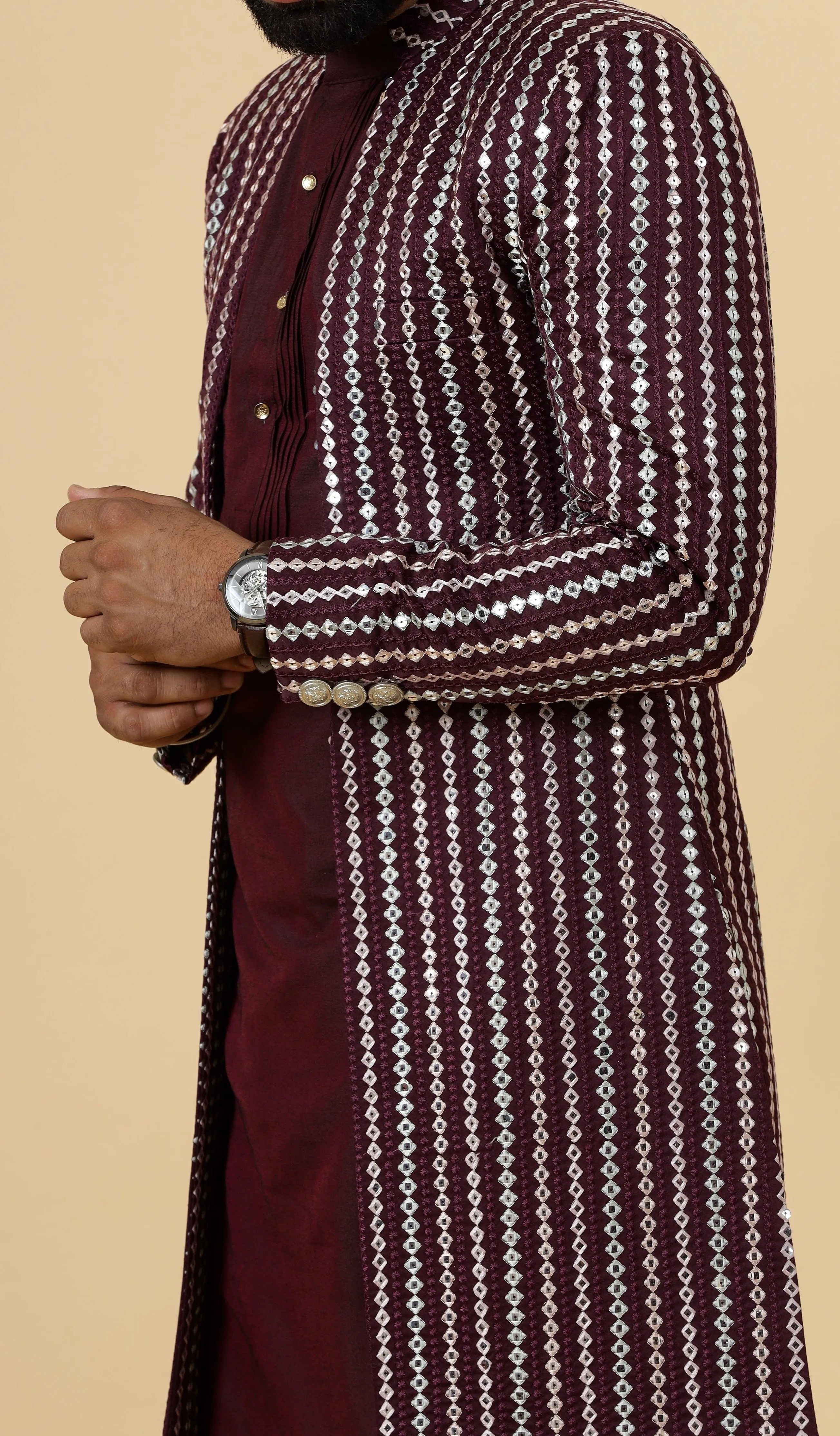 Stunning Mirror Embroidered Wine Open Sherwani with Wine Kurta Pajama for Men | Father Son Combo | Wine Color |Wine Sherwani | Perfect for Grooms