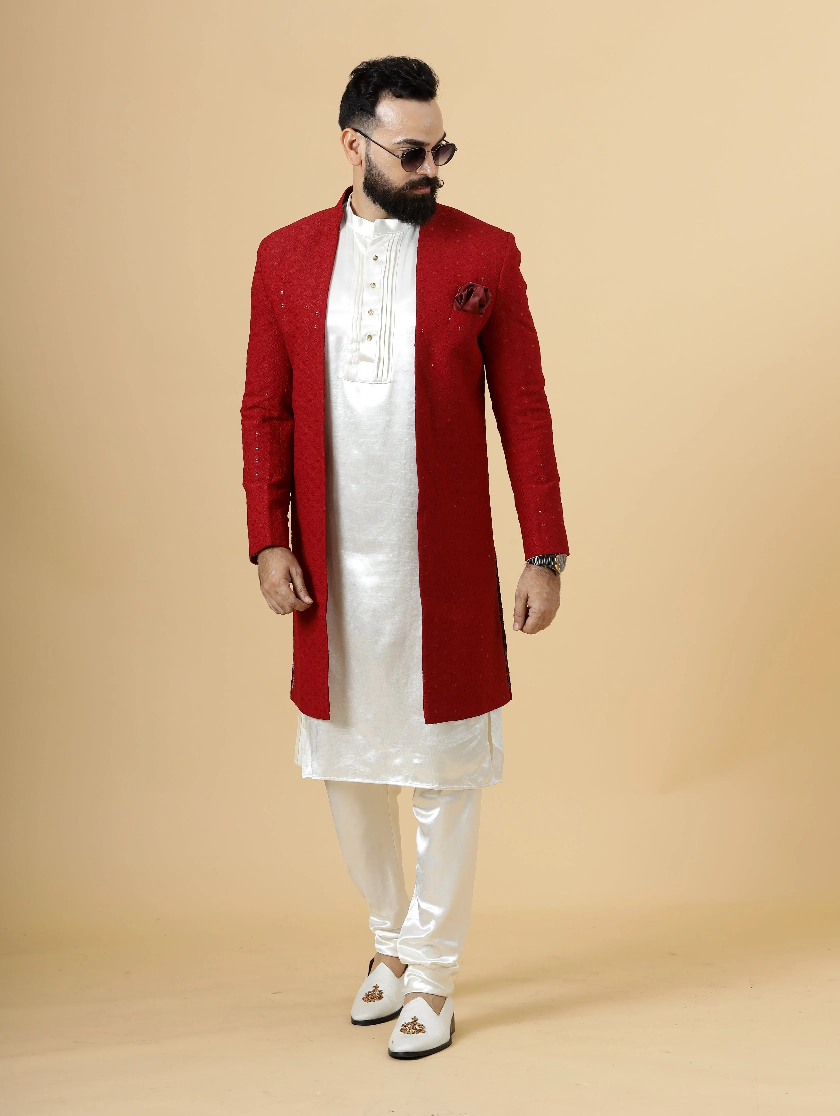 Stunning Red Chikankari Open Sherwani paired with Off-White Kurta Pajama for Men  | Father Son Combo | Red- White Color | Chikankari Sherwani | Perfect for Grooms