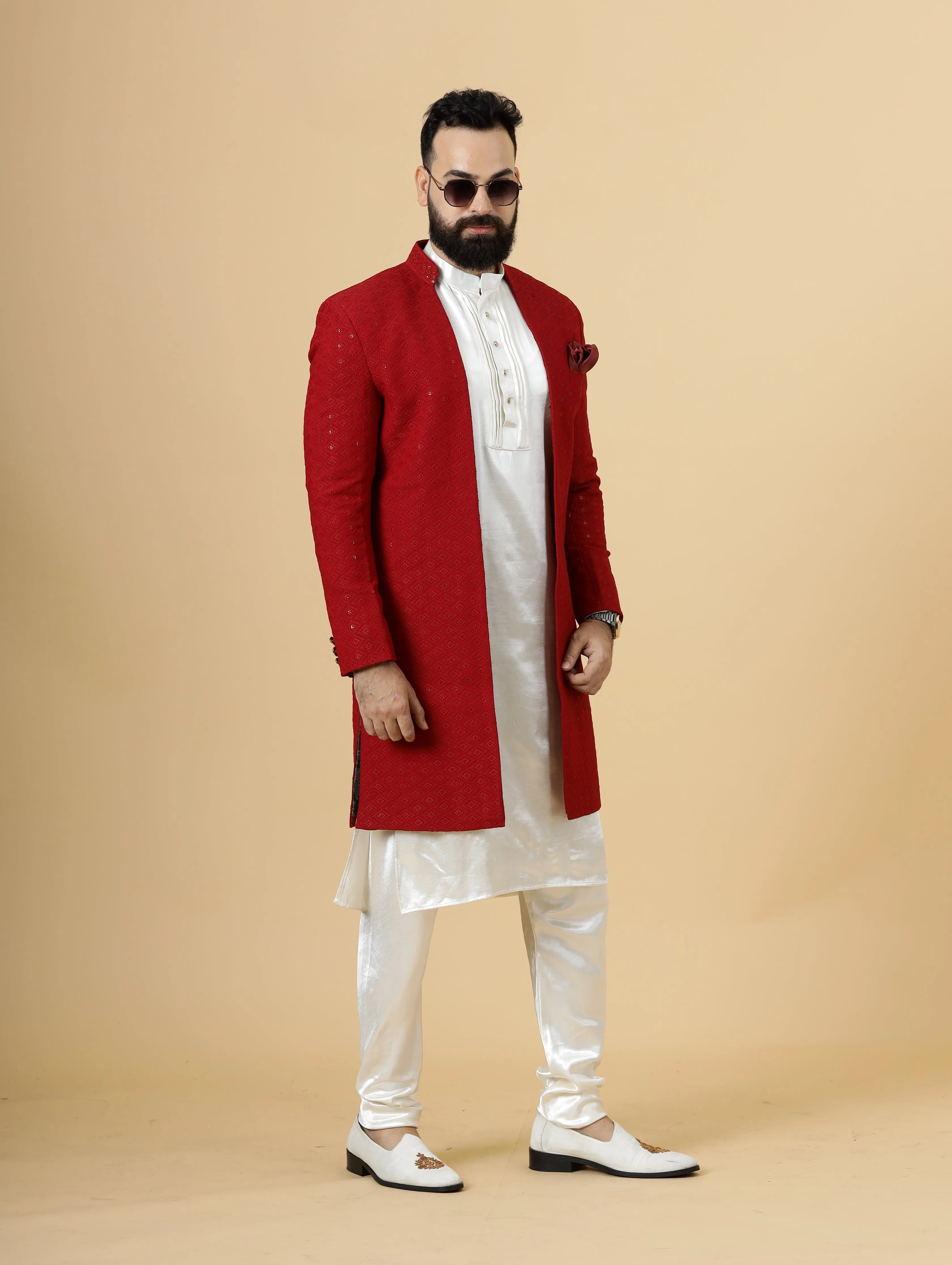 Stunning Red Chikankari Open Sherwani paired with Off-White Kurta Pajama for Men  | Father Son Combo | Red- White Color | Chikankari Sherwani | Perfect for Grooms