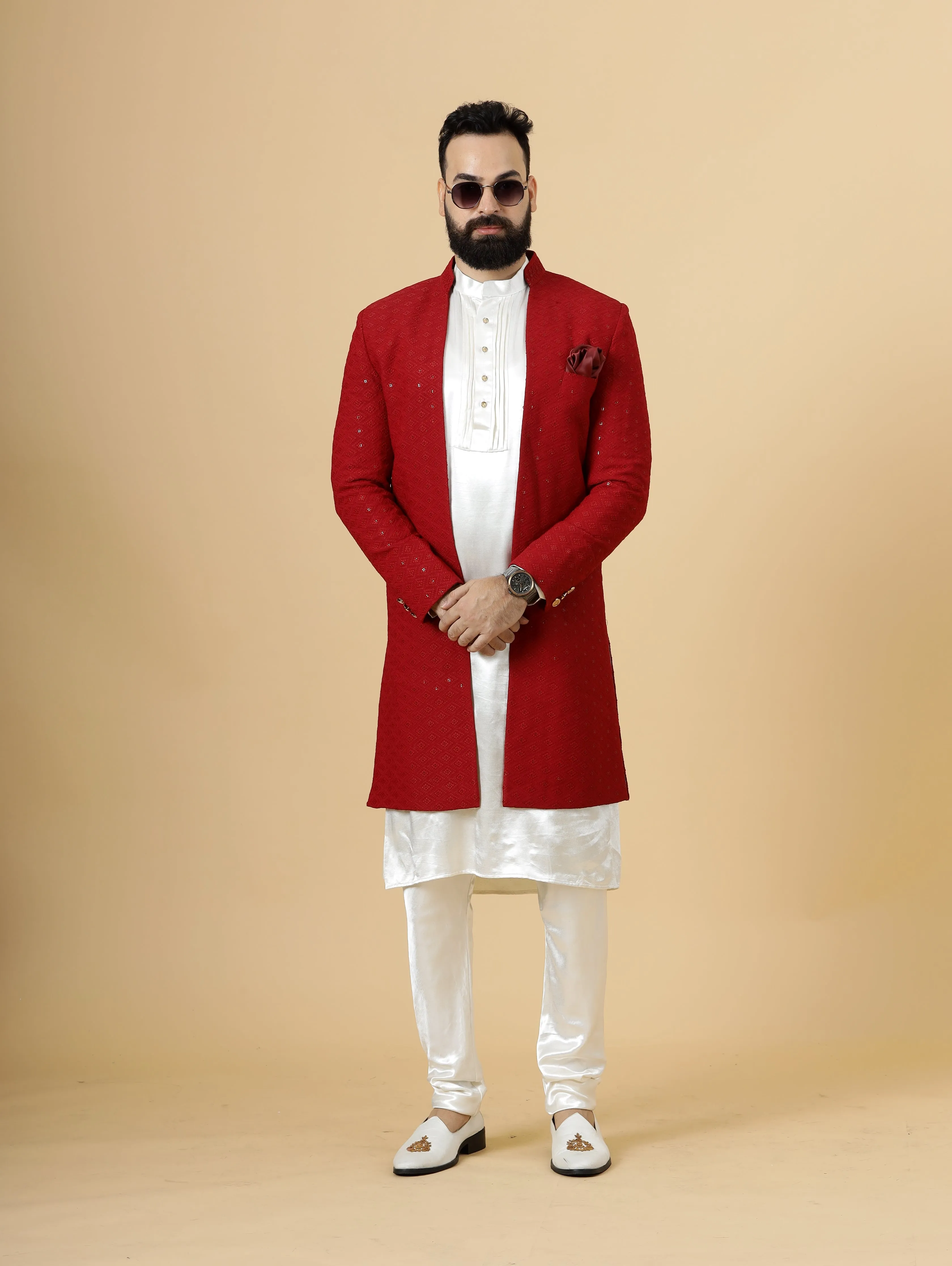 Stunning Red Chikankari Open Sherwani paired with Off-White Kurta Pajama for Men  | Father Son Combo | Red- White Color | Chikankari Sherwani | Perfect for Grooms