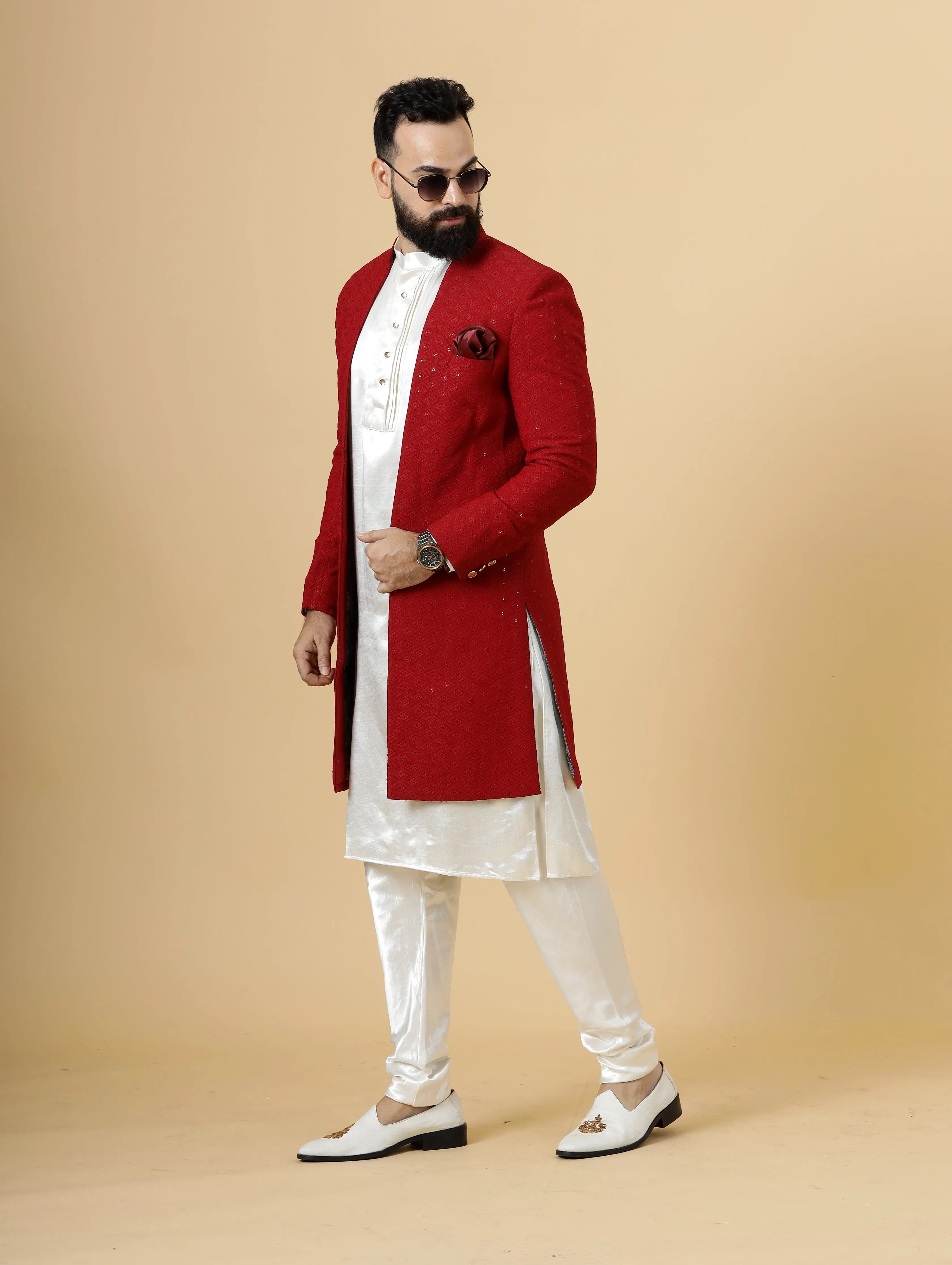 Stunning Red Chikankari Open Sherwani paired with Off-White Kurta Pajama for Men  | Father Son Combo | Red- White Color | Chikankari Sherwani | Perfect for Grooms