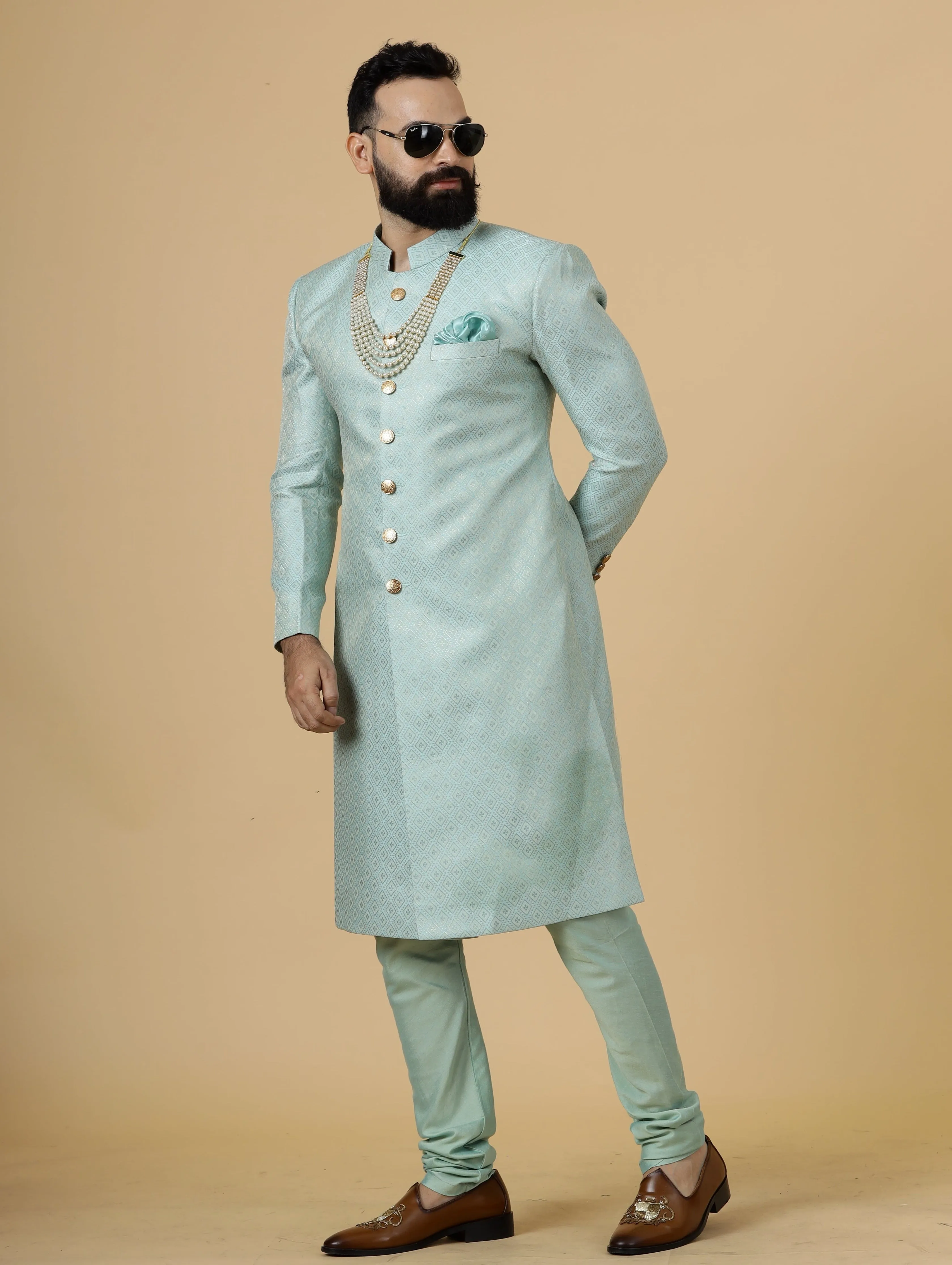 Stunning Sea Foam Banarasi Brocade Achkan for Men | Father Son Combo | Pastel Colour Sherwani | Perfect for Grooms